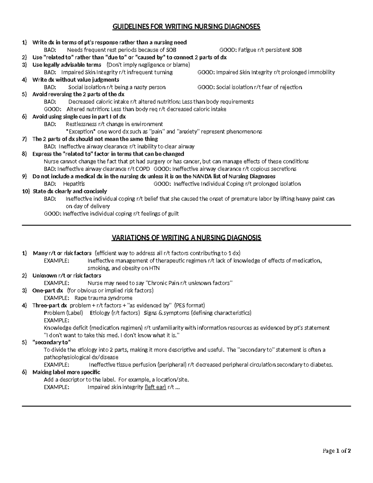 Nursing Diagnosis Samples - GUIDELINES FOR WRITING NURSING DIAGNOSES ...