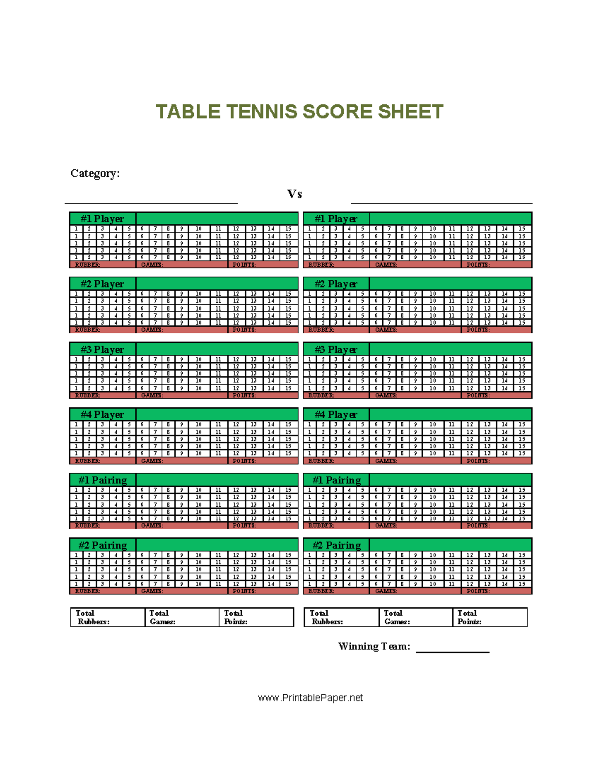 Table Tennis Score Sheet TABLE TENNIS SCORE SHEET Category Vs 1