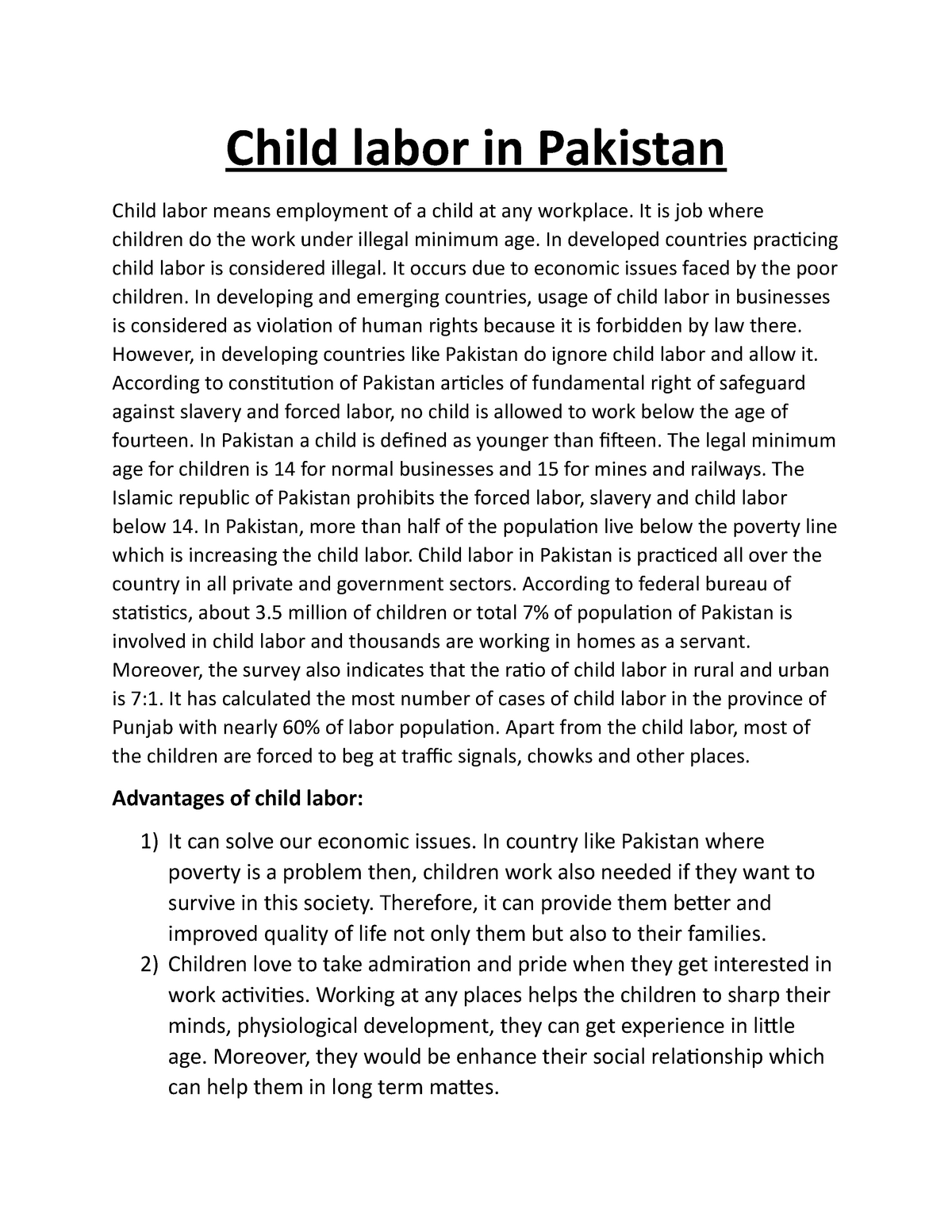 essay on child labour in pakistan with outline