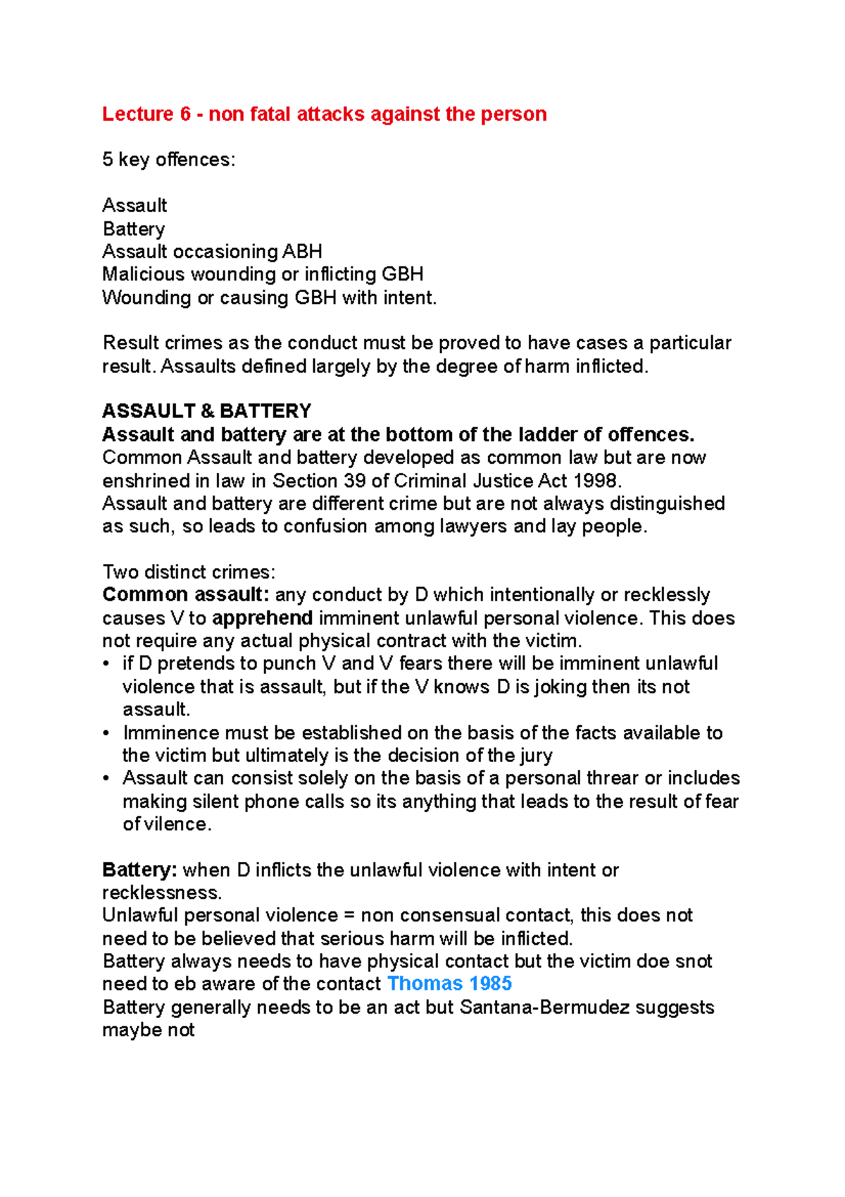 Non fatal attacks on the person - Lecture 6 - non fatal attacks against ...