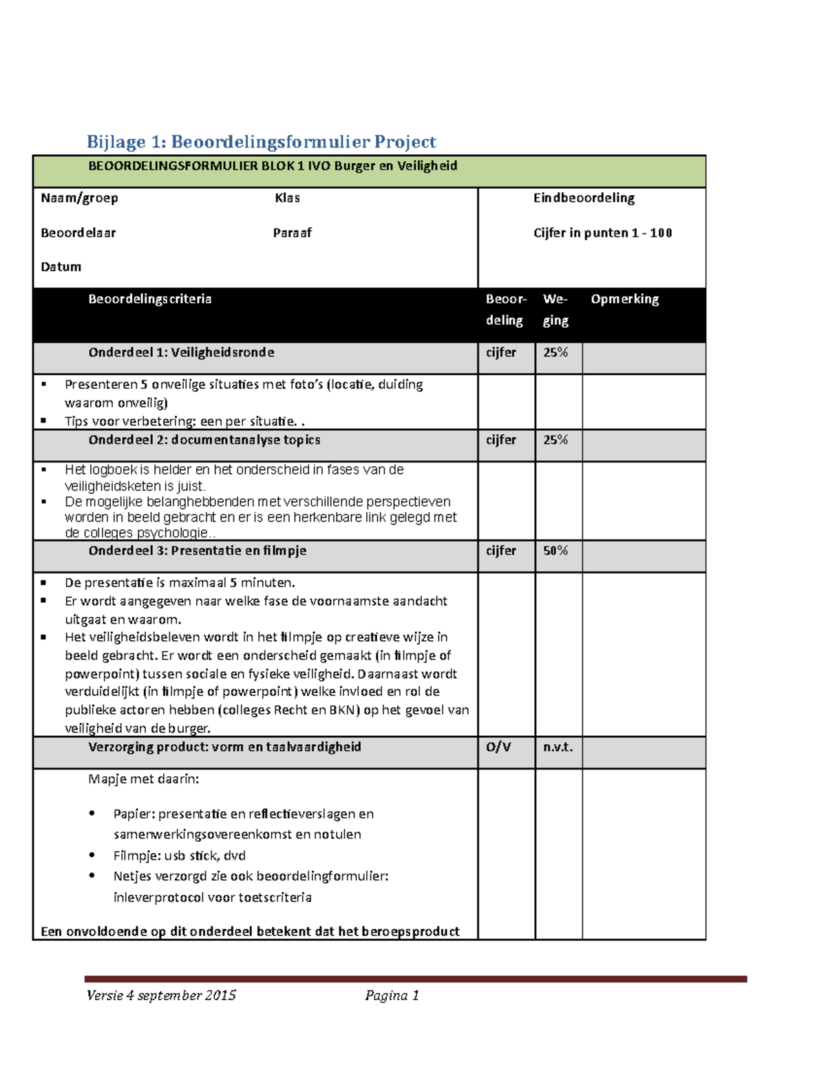 Beoordelingsformulieren project  v. Presenteren 5 onveilige situaties
