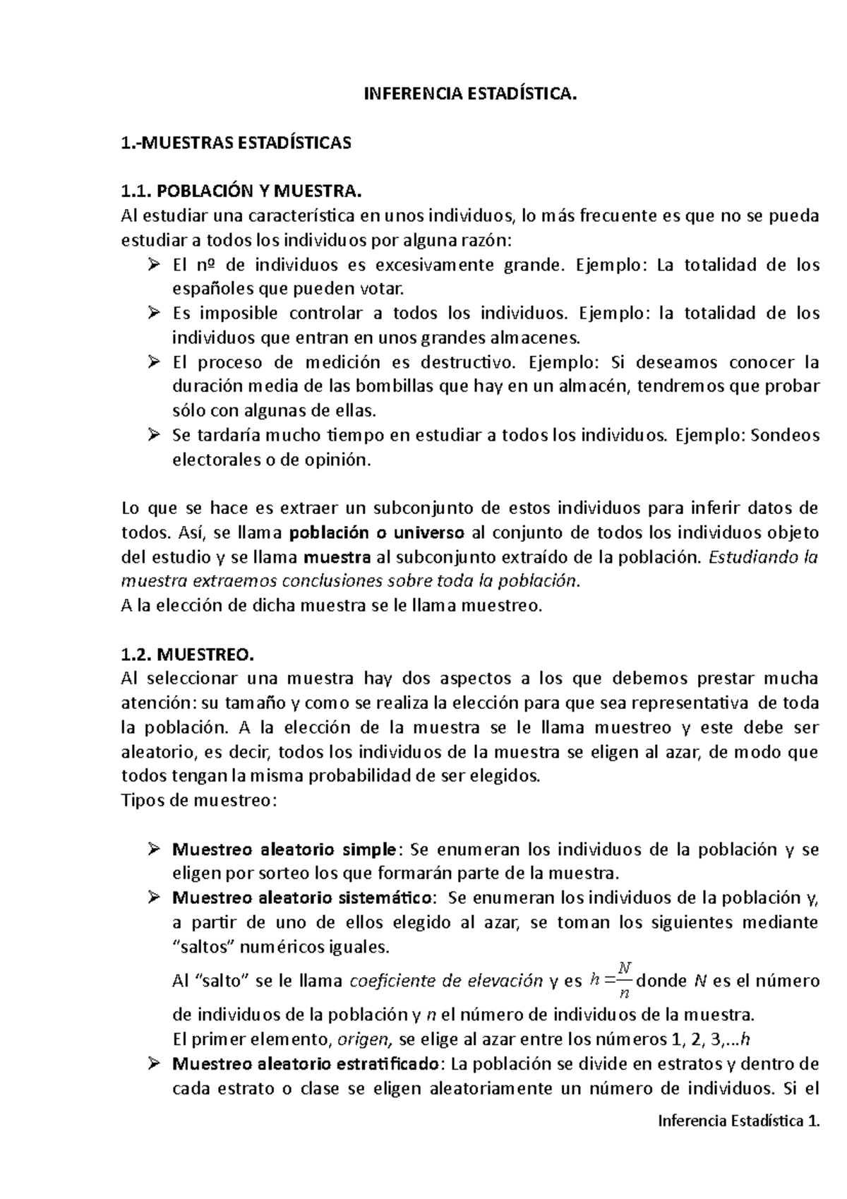 Inferencia Estadística - INFERENCIA ESTADÍSTICA. 1.-MUESTRAS ...