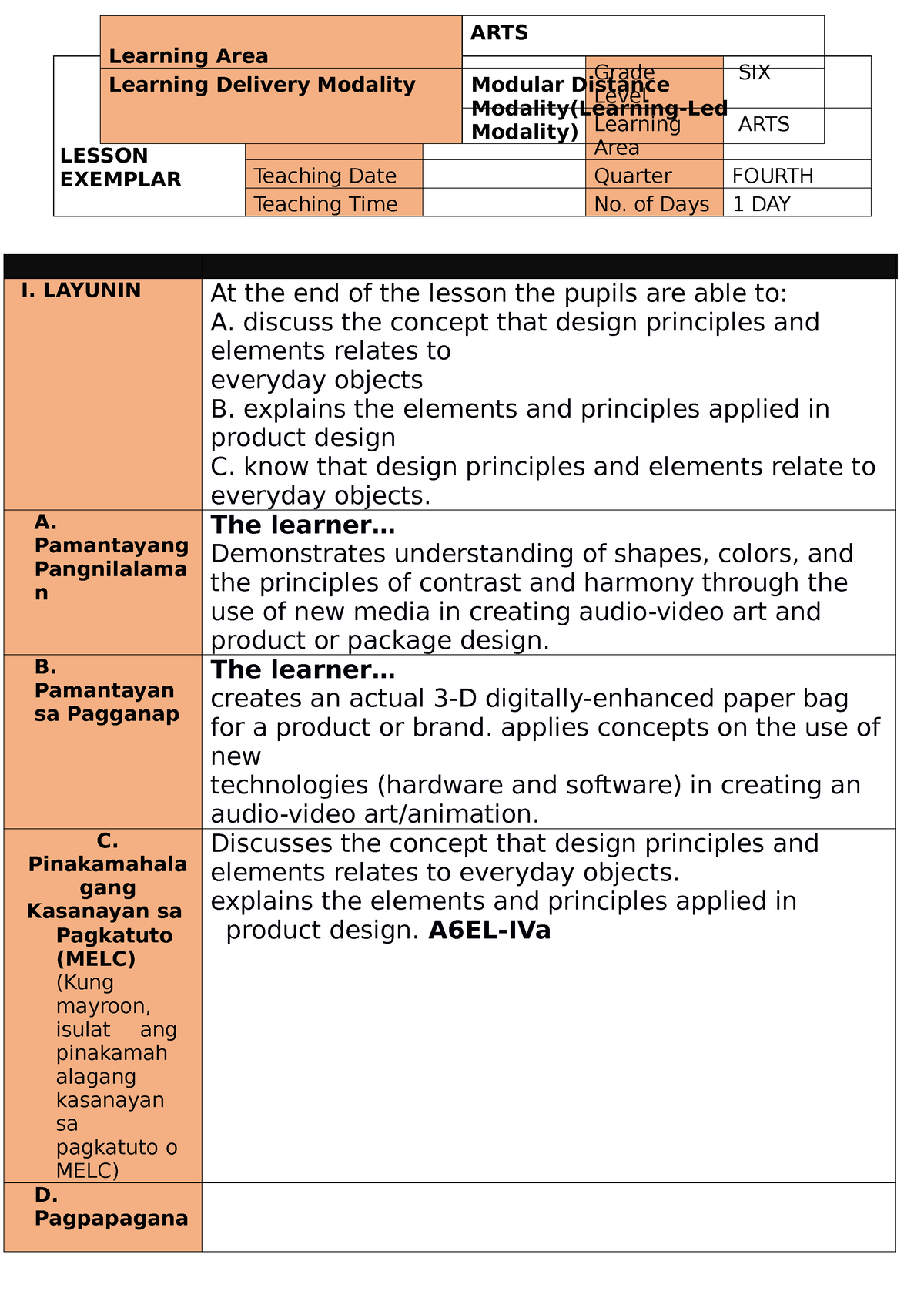 COT ARTS 6 Q4 - Sample Arts Lesson Plan - LESSON EXEMPLAR School Grade ...