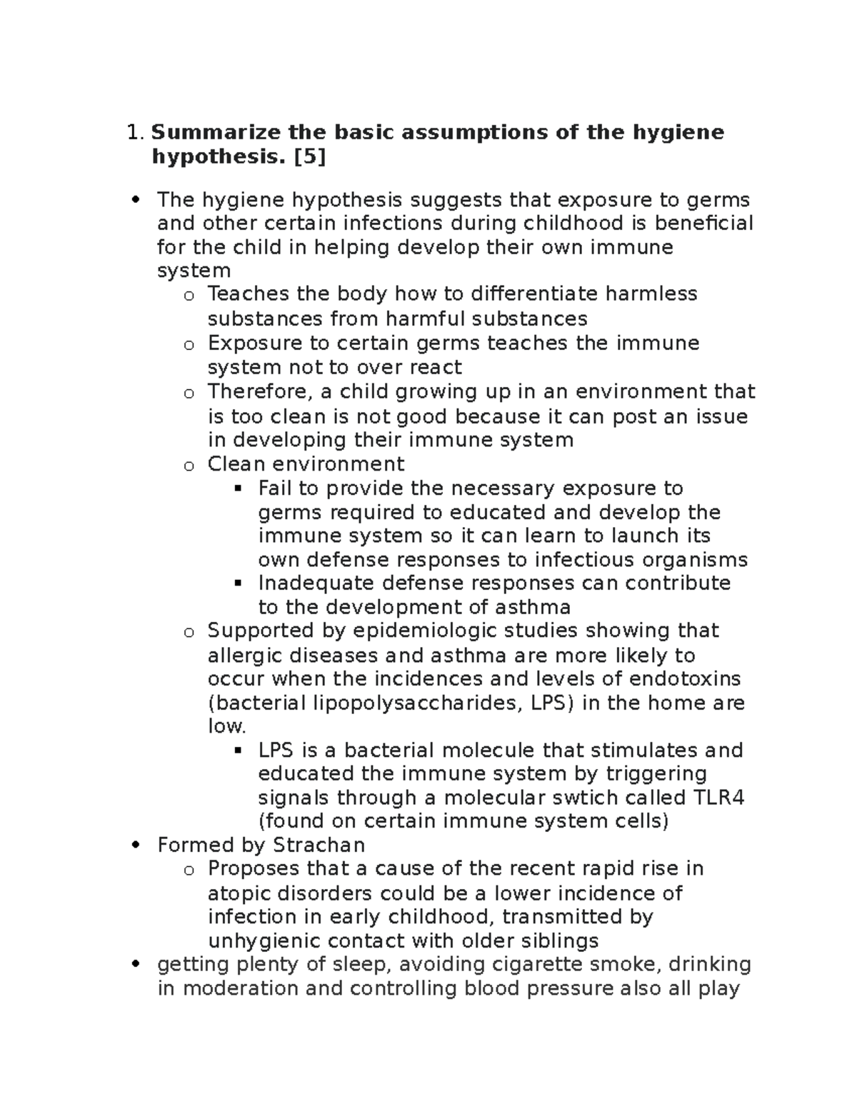 Discussion 5 Notes Summarize the basic assumptions of the hygiene hypothesis. [5] The