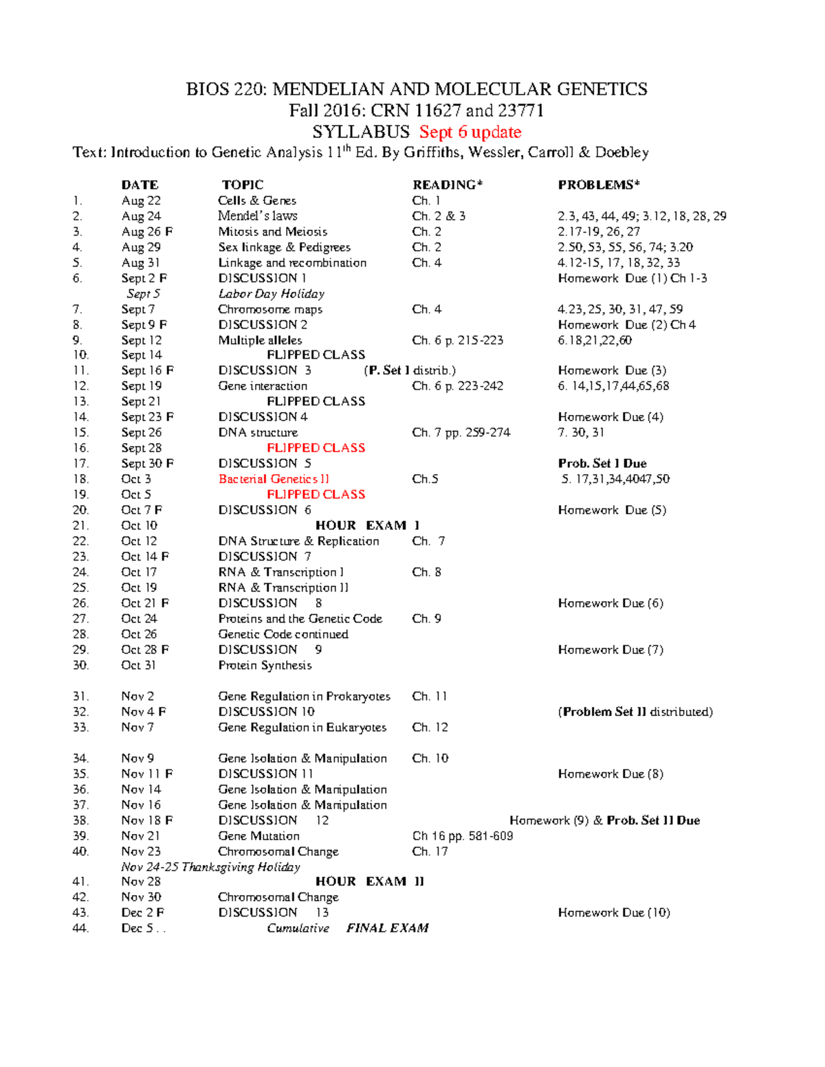 Bio S 220 Fall 2016 Syllabus Rev1 - BIOS 220: MENDELIAN AND MOLECULAR ...