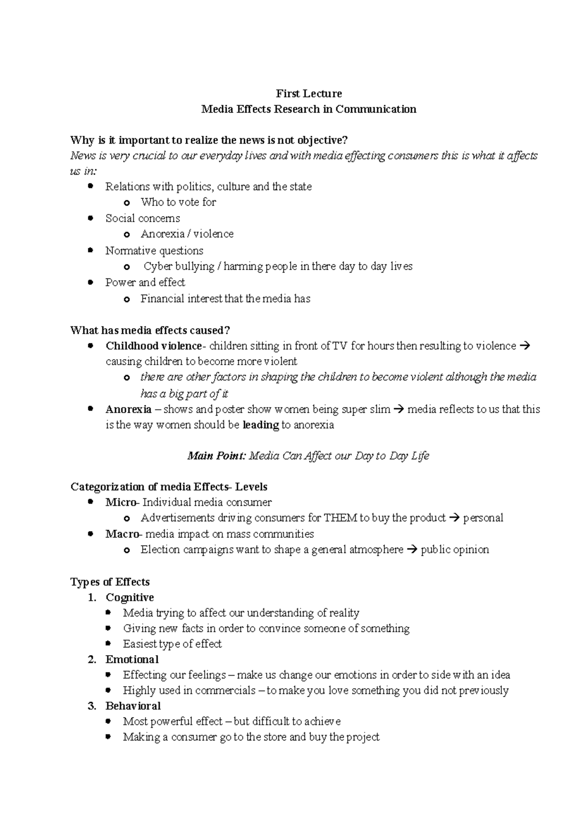 Intro to Comm 2nd Semester Notes - First Lecture Media Effects Research ...