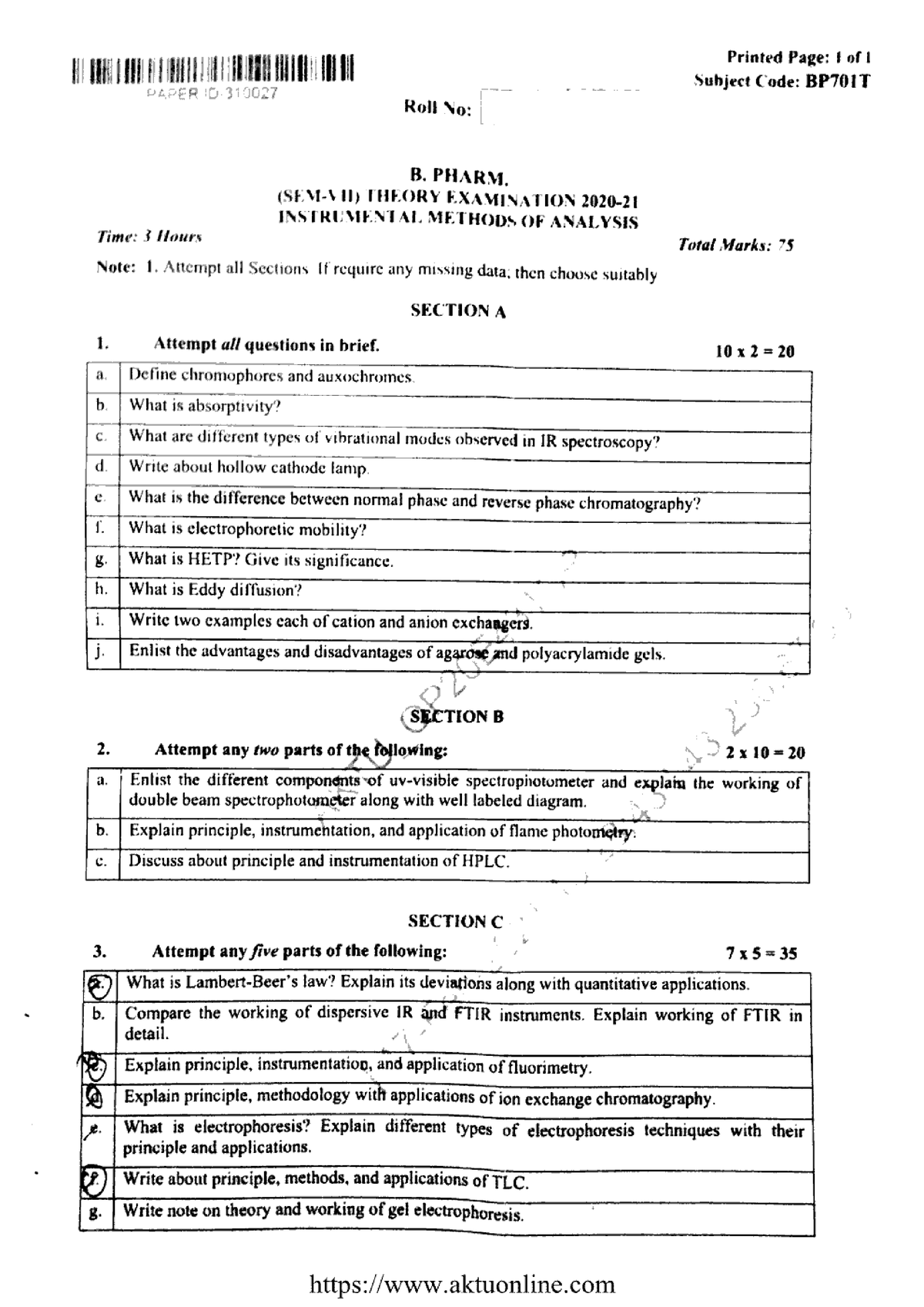 Bpharm 7 Sem Instrumental Methods Of Analysis Bp701t 2021 - Law And ...