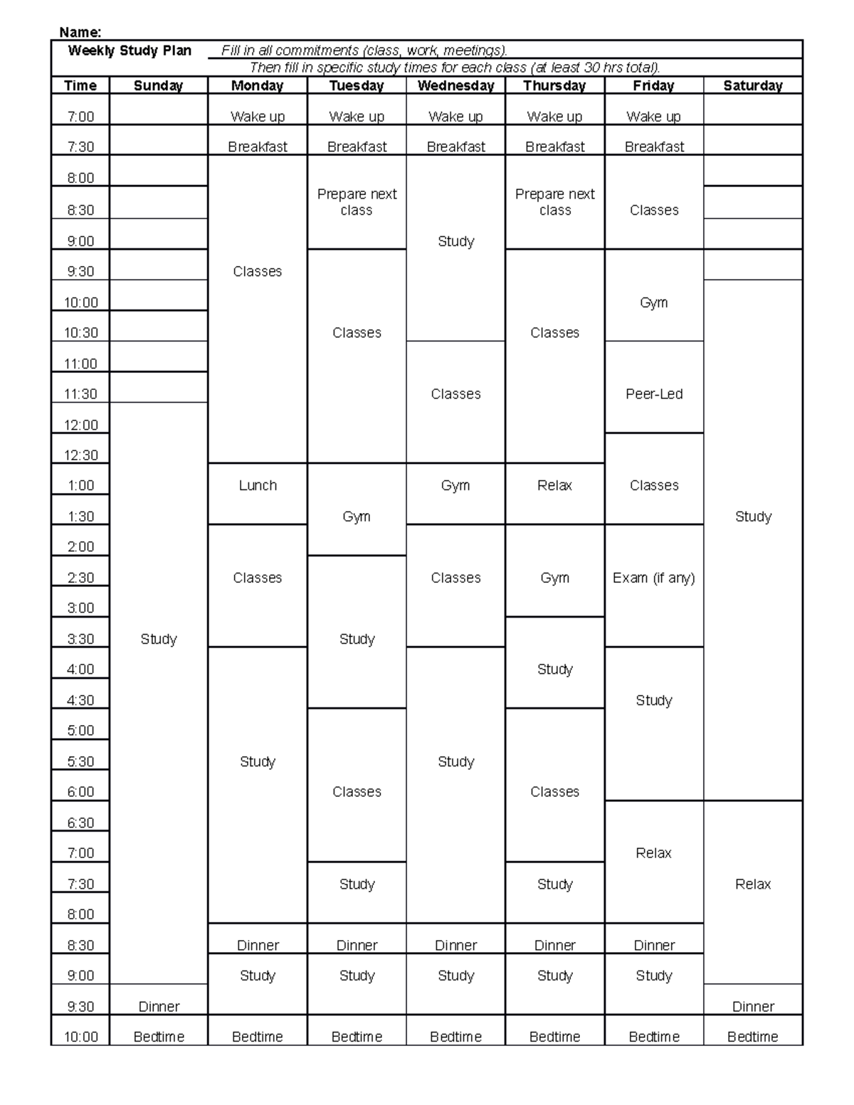 Weekly Planner-1 - Vjp - Name: Weekly Study Plan Fill in all ...