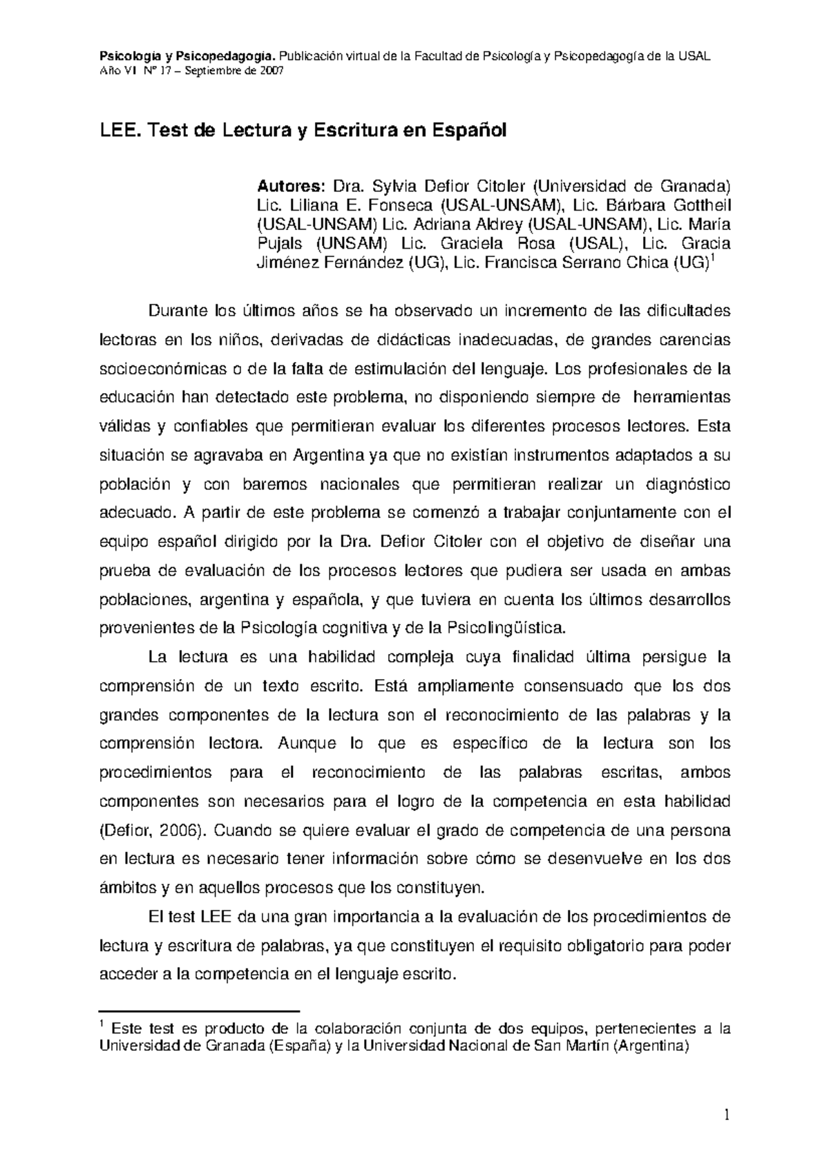 Test lee fonesca - LEE. Test de Lectura y Escritura en Español Autores ...