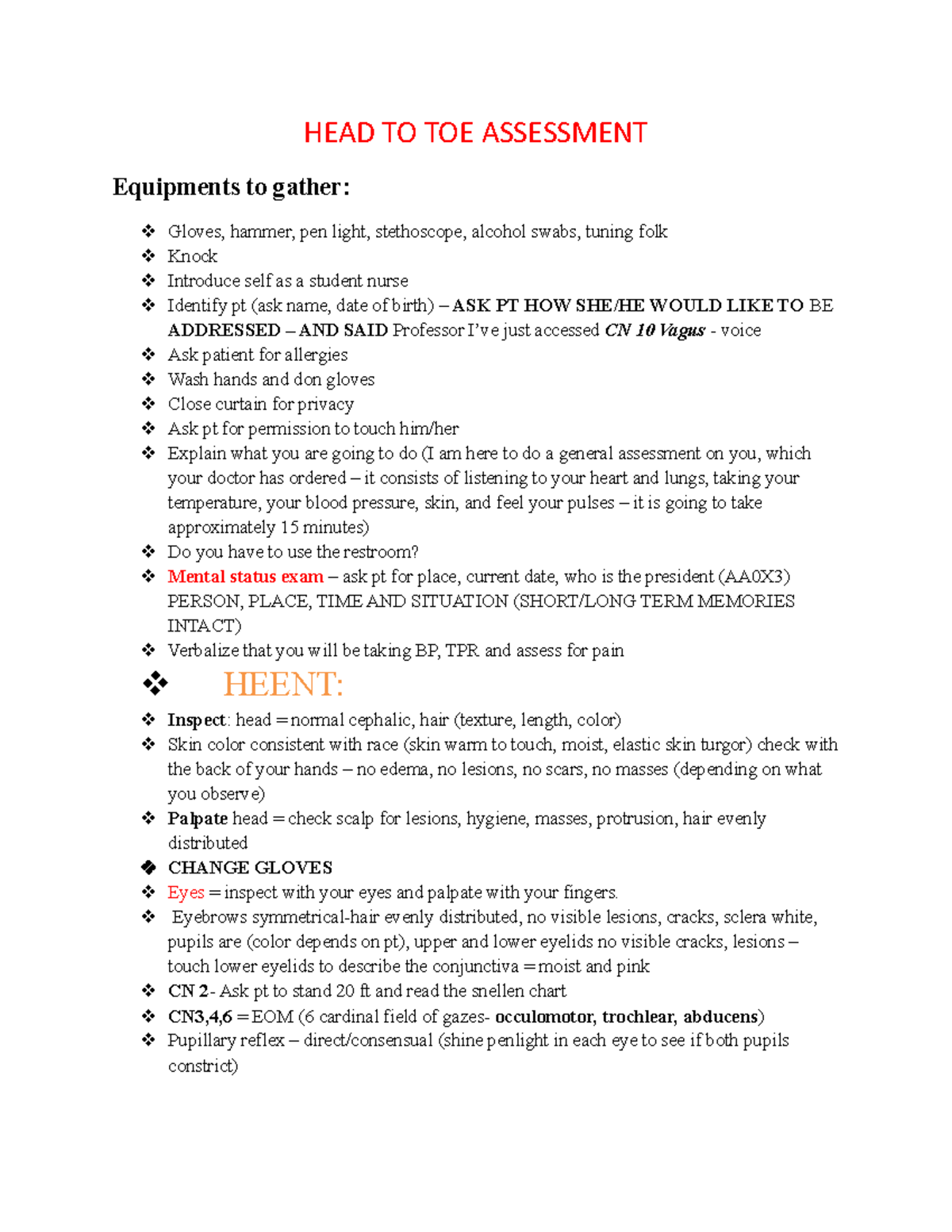 Head to Toe Head to toe assessment practice materials to explain and walkthrough the process