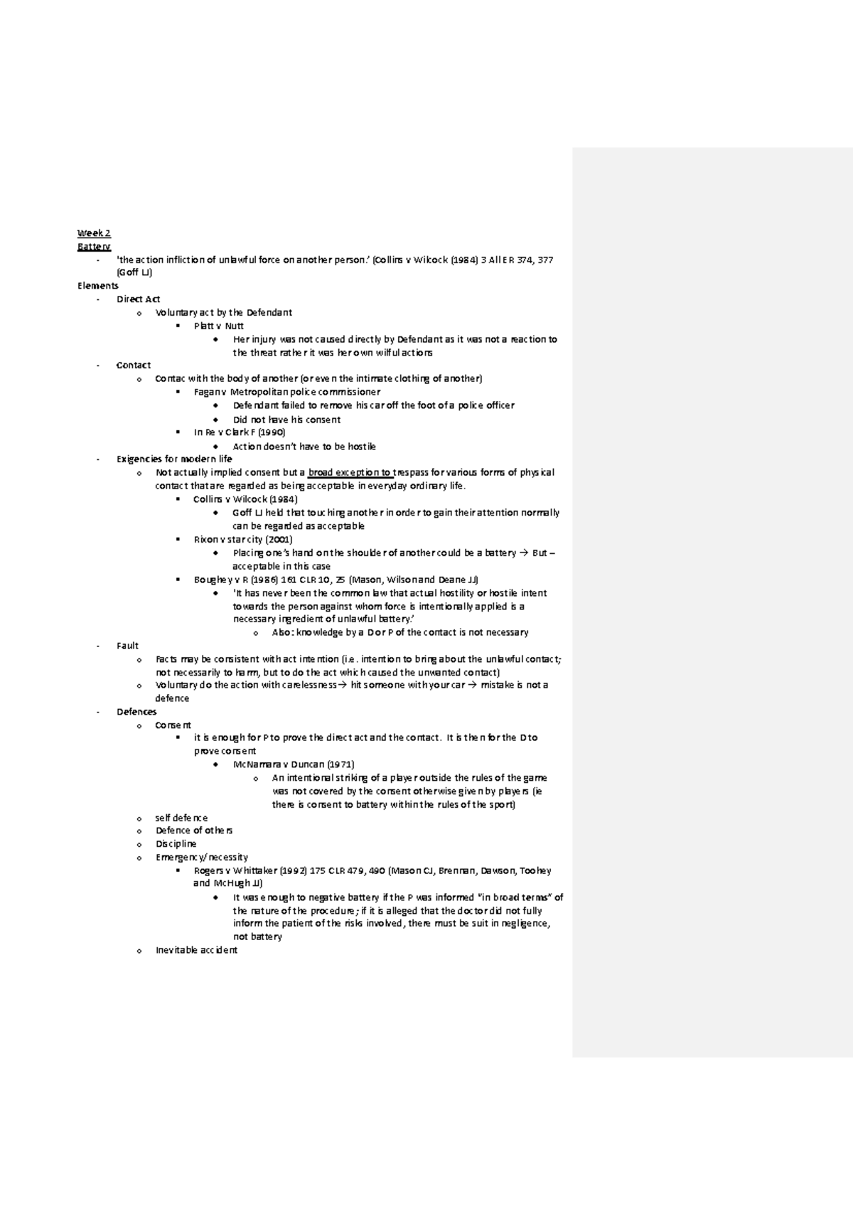 LAW OF Torts Study Notes - Week 2 Battery ‘the action infliction of ...