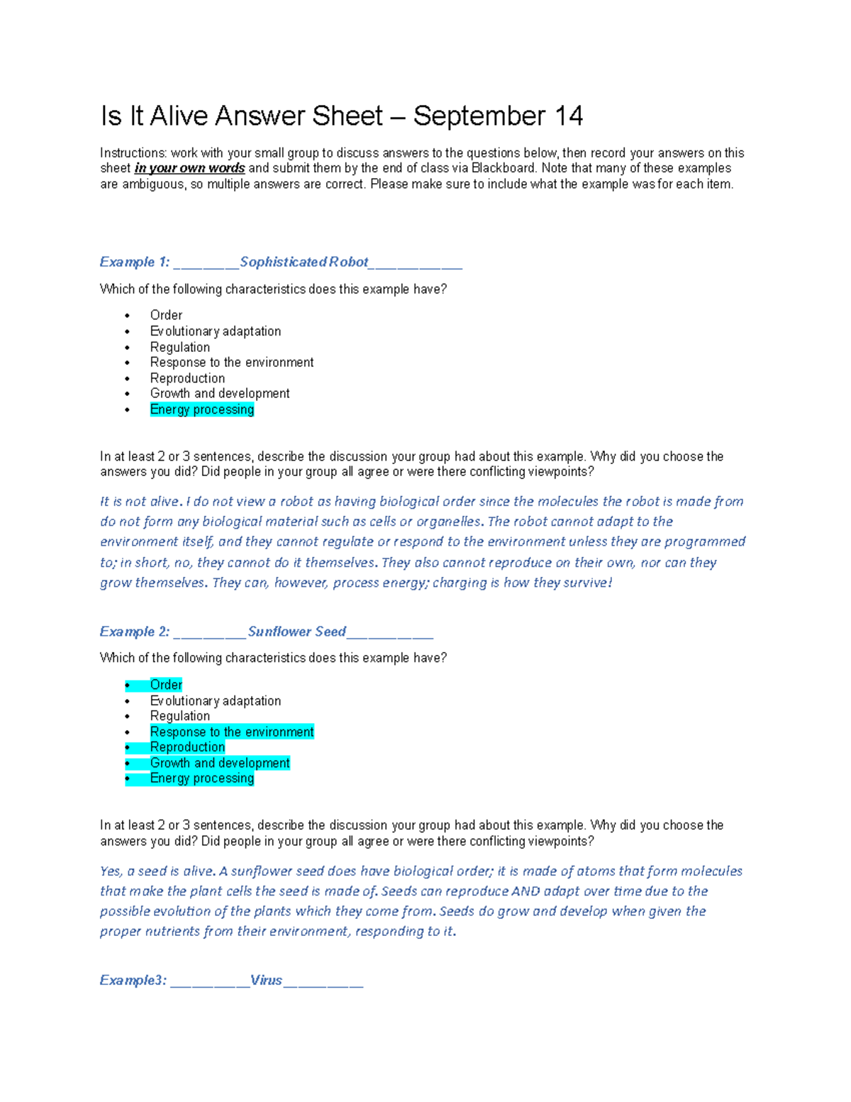 Is It Alive Answer Sheet – September 14 - Note that many of these ...