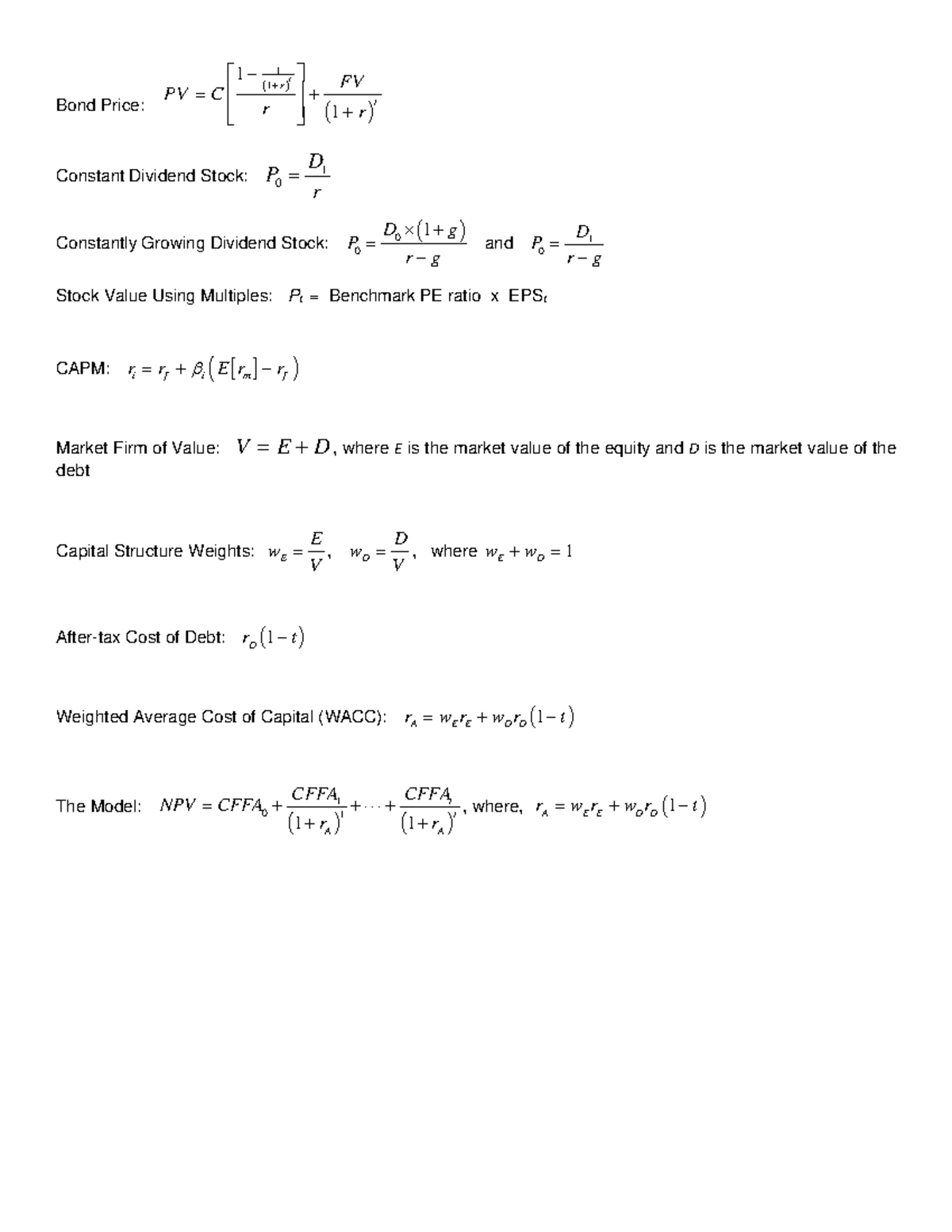 Exam Four Equations - Bond Price: ( ) ( ) 1 1 1 1 r t t FV PV C r r + − ...