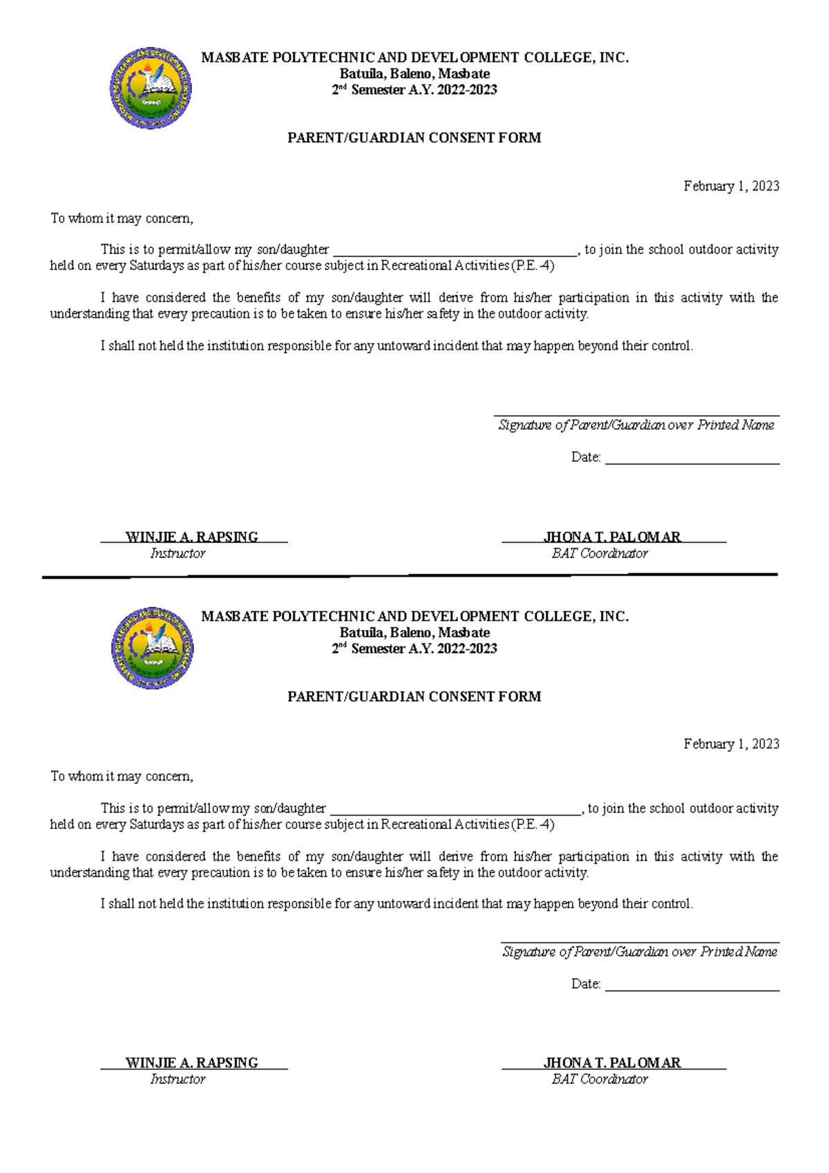 Mpdci Consent Form - MASBATE POLYTECHNIC AND DEVELOPMENT COLLEGE, INC ...