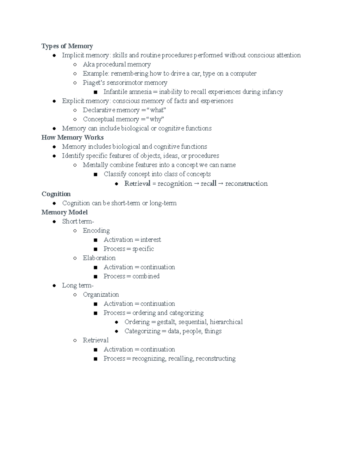 #8 Memory Model - anon - Types of Memory Implicit memory: skills and ...