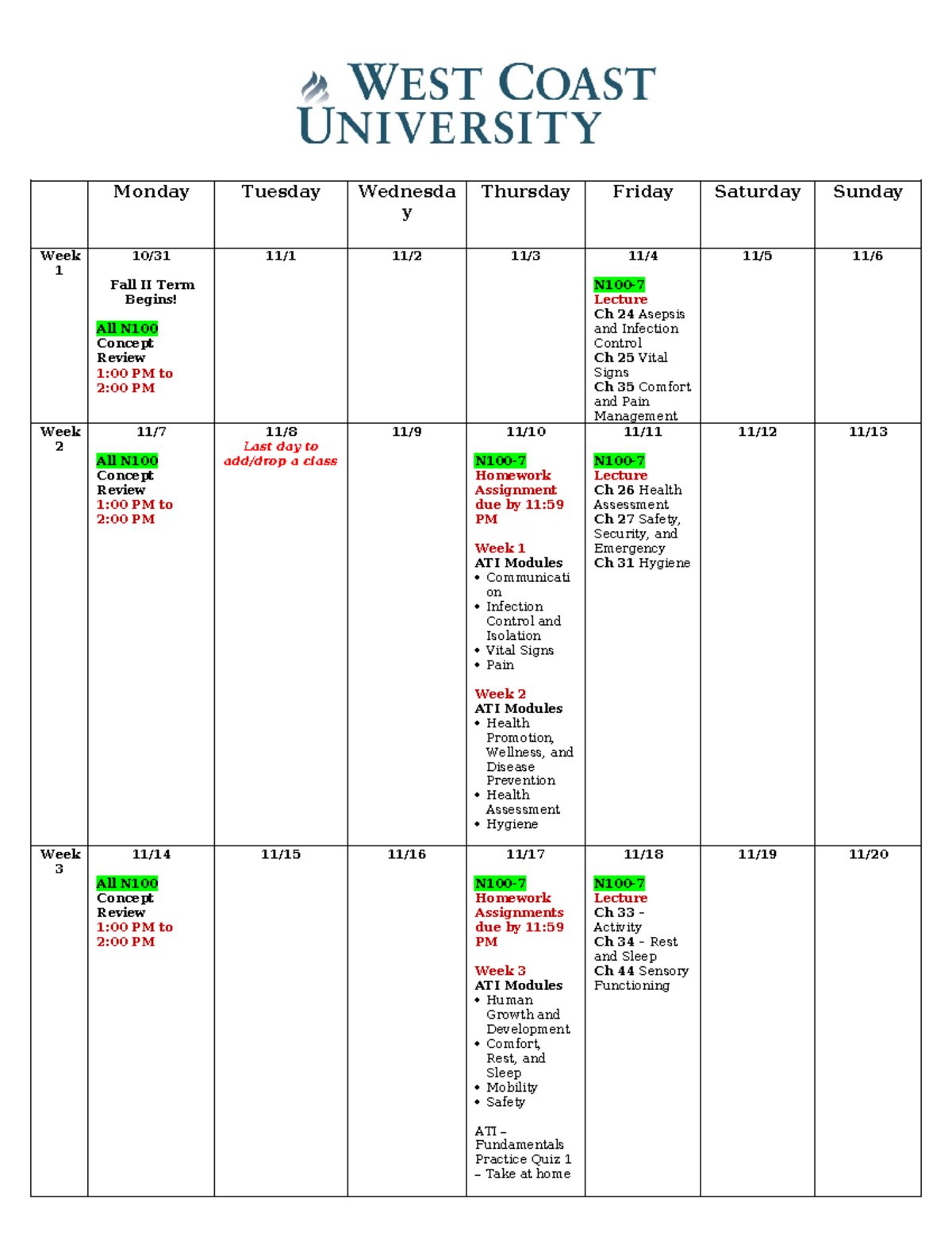 N100-7 Fall II 2022 Term Calendar-1 - Monday Tuesday Wednesda y ...