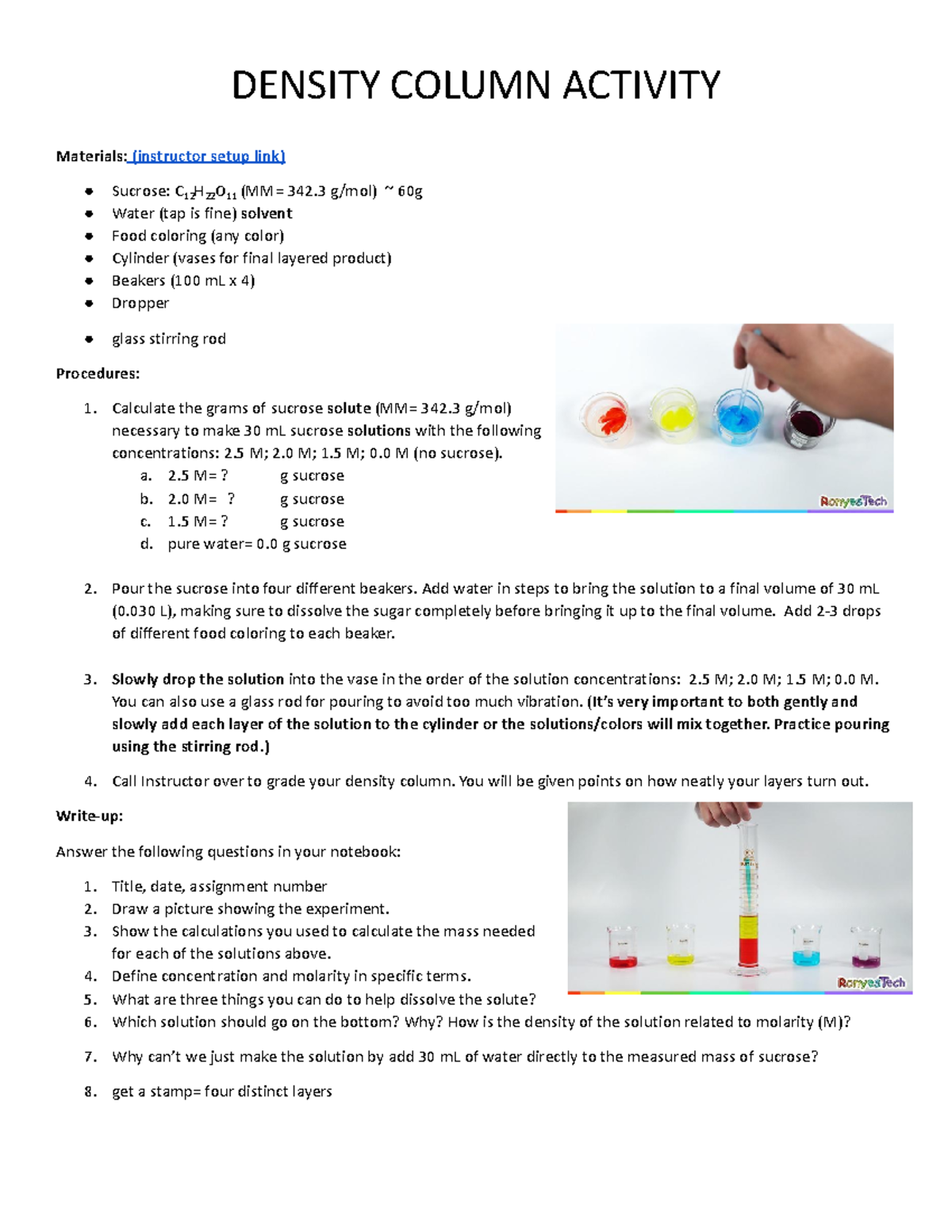 Density Column lab DENSITY COLUMN ACTIVITY Materials (instructor