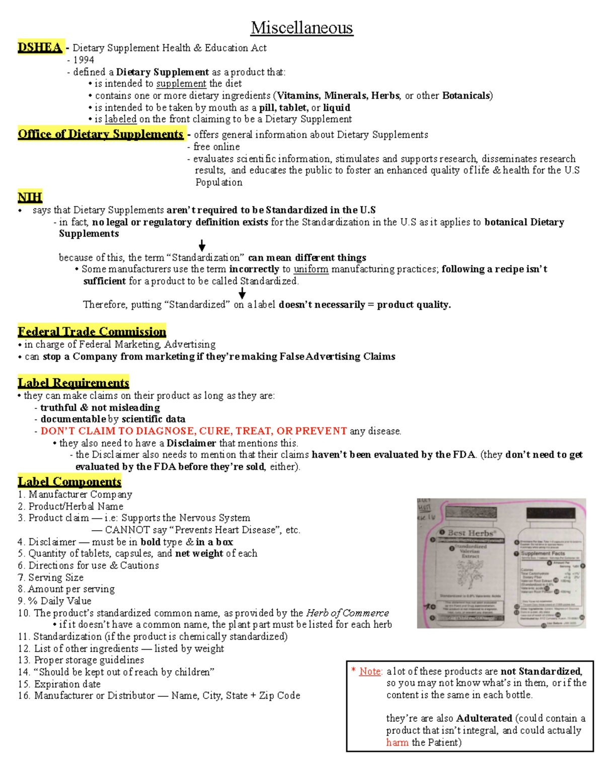 Final Exam Review Sheet Miscellaneous DSHEA Dietary Supplement