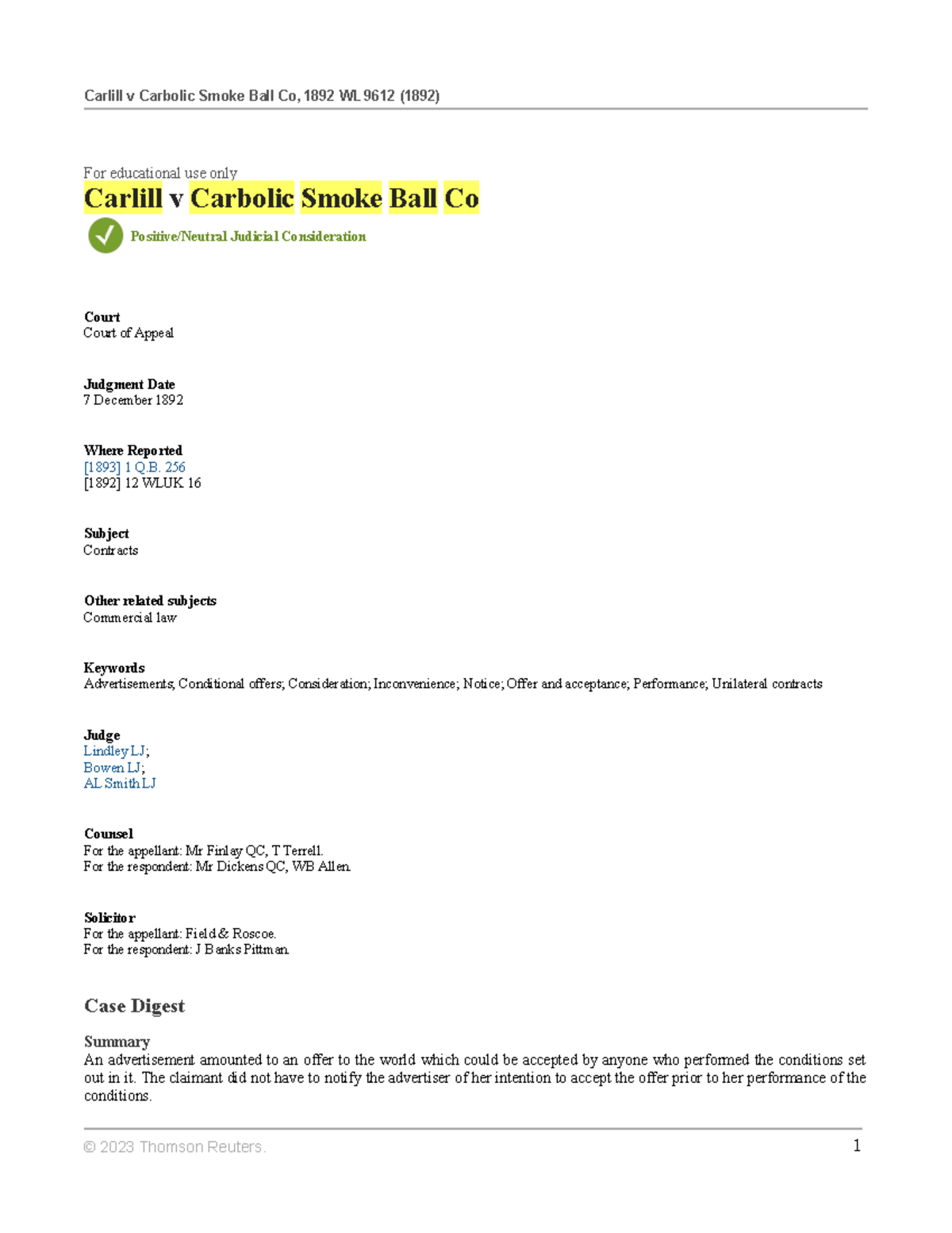 Carlill V Carbolic Smoke Ball Co Case Digest - Carlill V Carbolic Smoke 