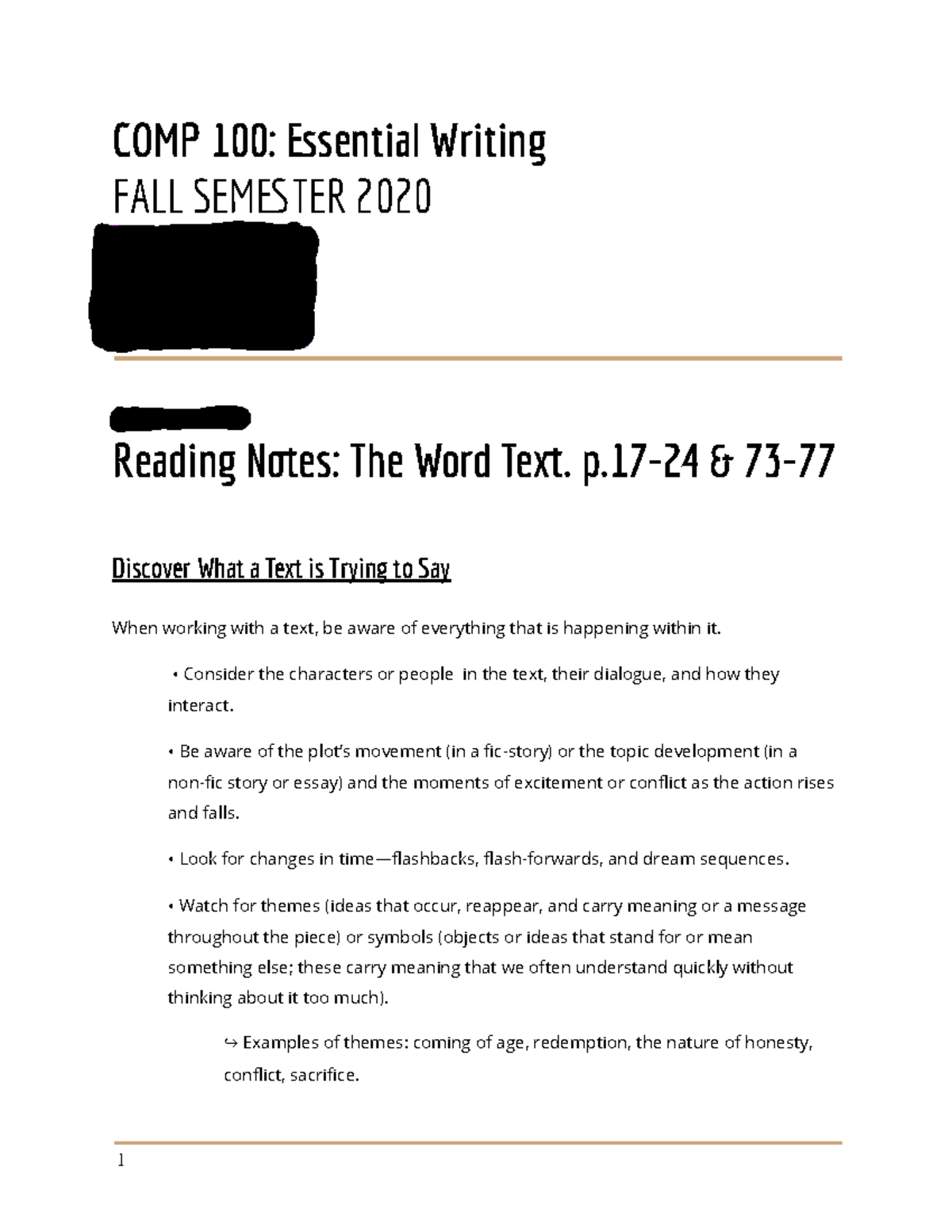 COMP 100: Reading Notes From The Word Text - COMP 100: sential Writing ...
