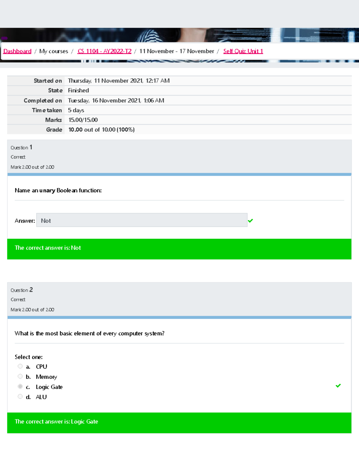 Self Quiz Unit 1 Attempt review - Started on Thursday, 11 November 2021 ...