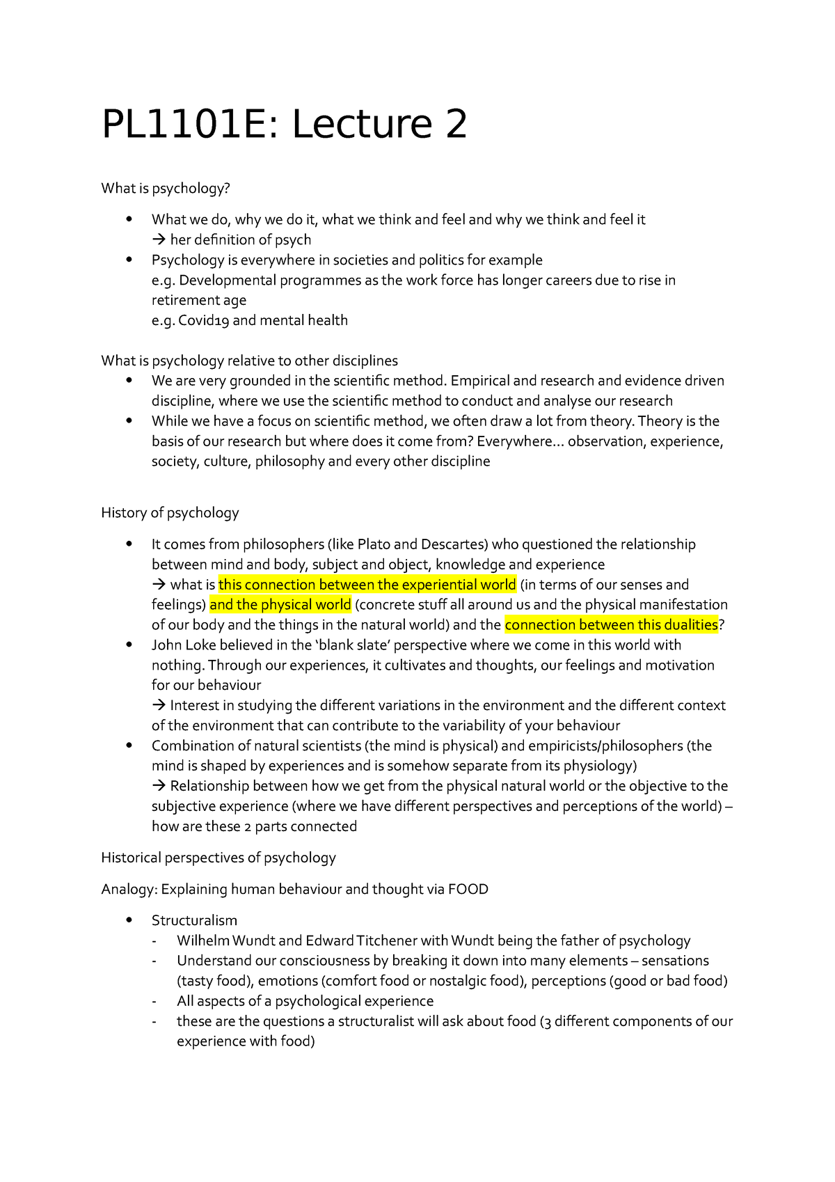 Lecture 2 Notes - Introduction To Psychology - PL1101E: Lecture 2 What ...