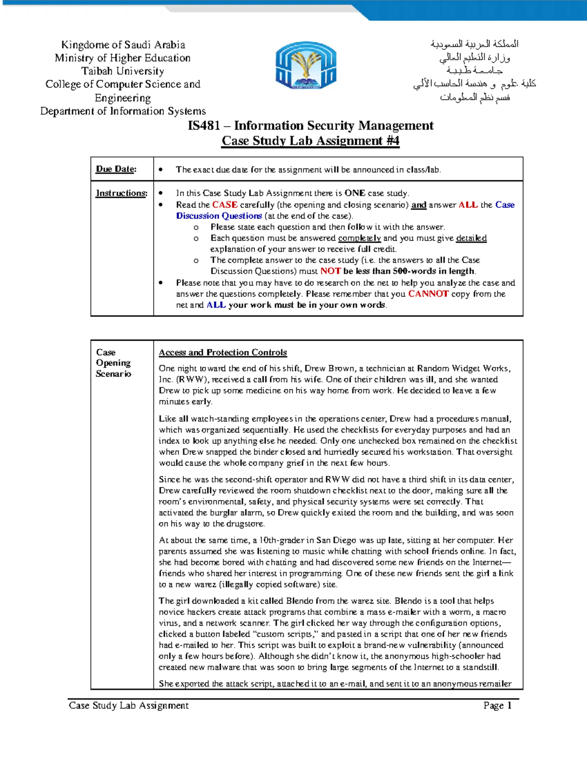 IS-481 Case Study Lab Assignment 4 - Kingdome of Saudi Arabia Ministry ...