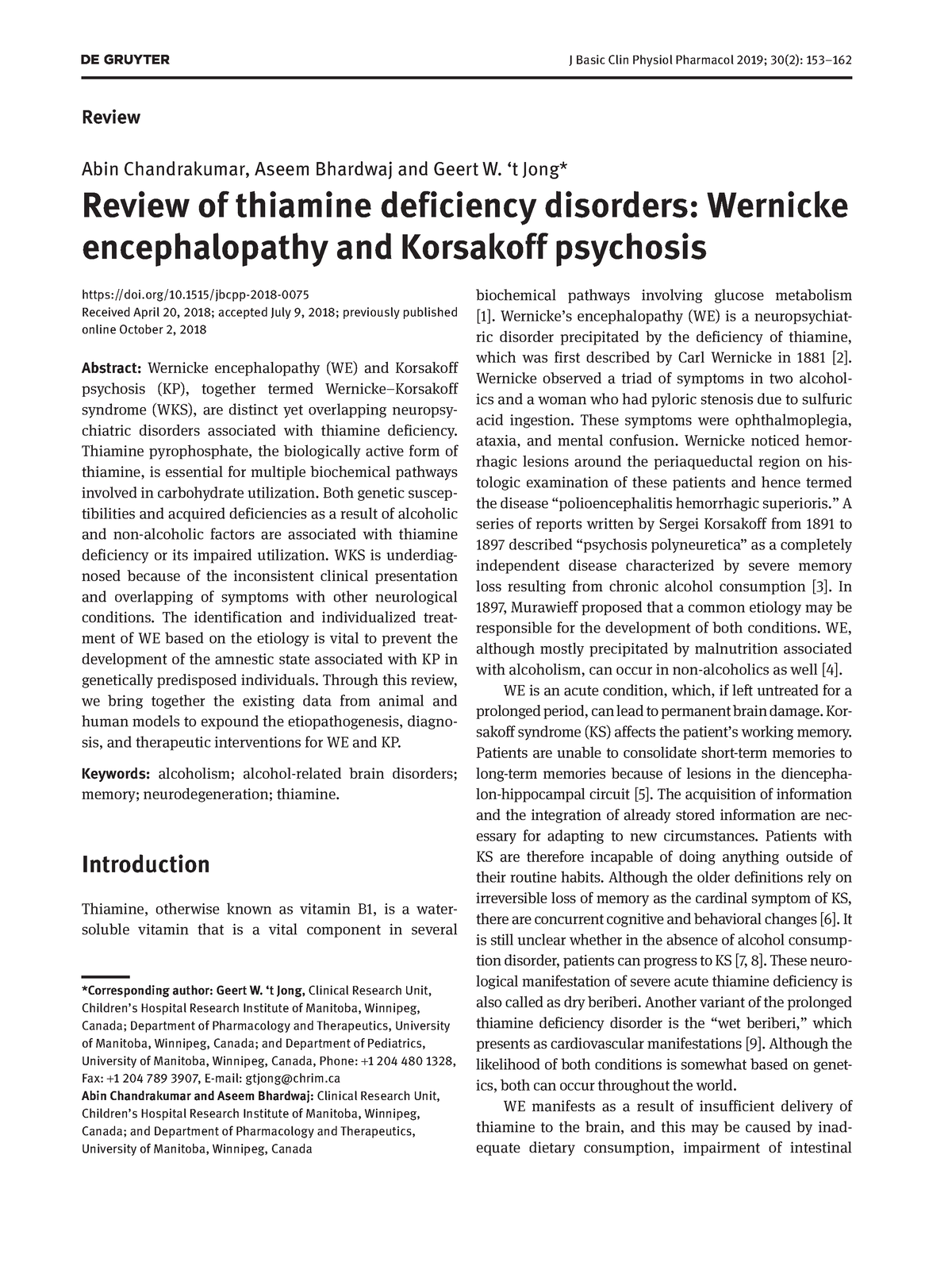 Encefalopatía de Wernicke - J Basic Clin Physiol Pharmacol 2019; 30(2 ...