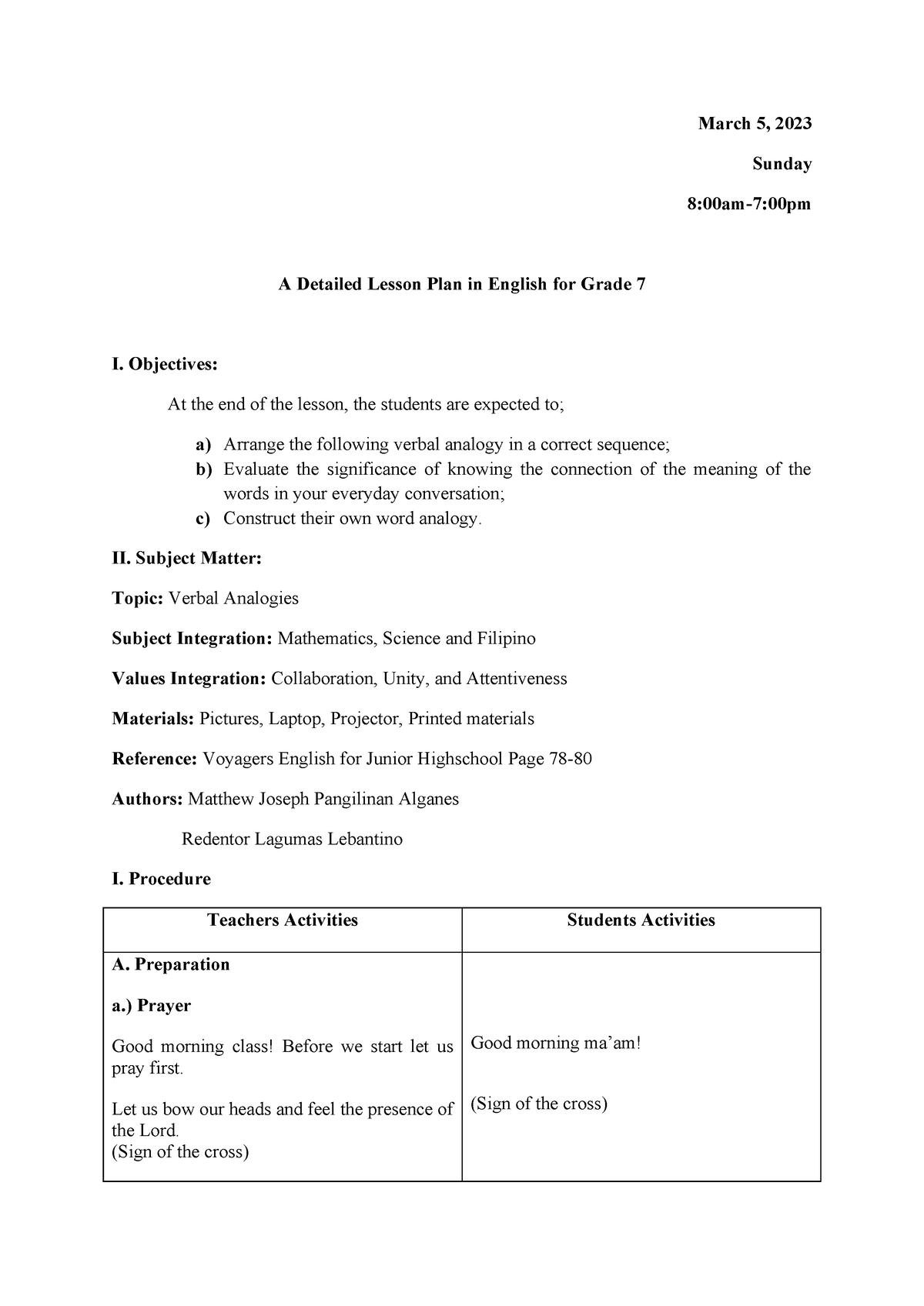 A Detailed Lesson Plan in English for Grade 7 finale - March 5, 2023 ...