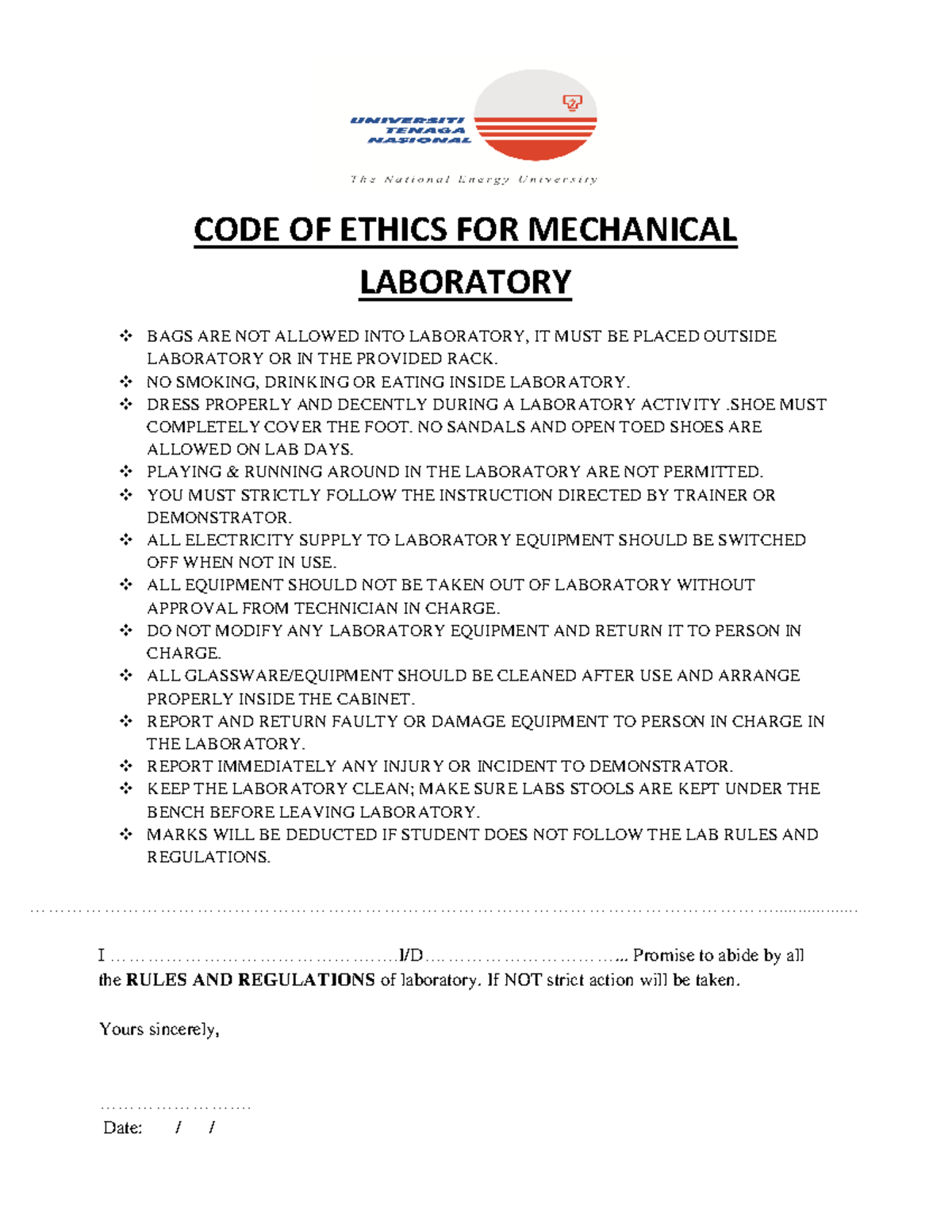 CODE OF Ethics FOR Fluid Mechanics Laboratory CODE OF ETHICS FOR MECHANICAL LABORATORY BAGS