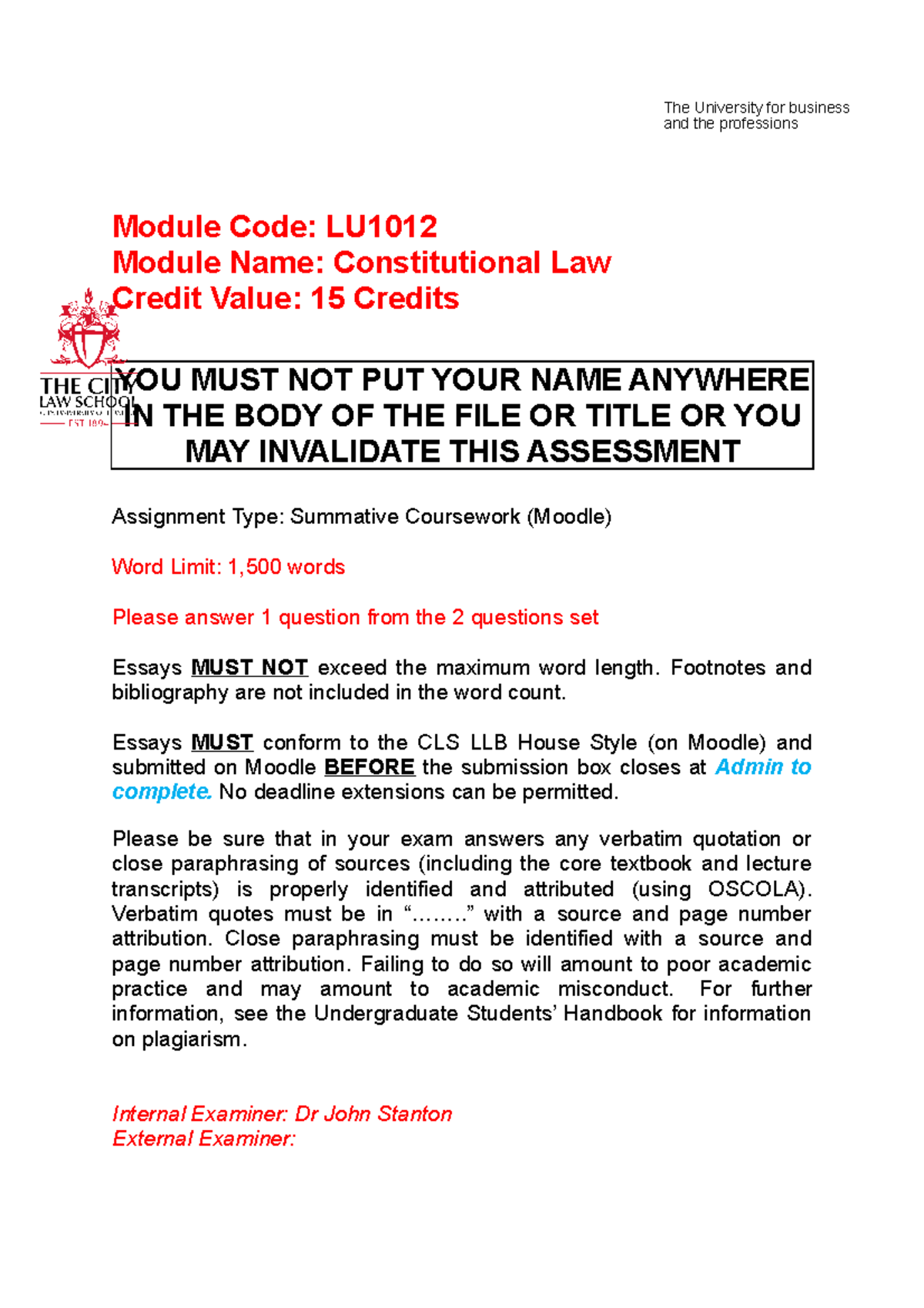 Assessment 2021 Constitutional Law Resit Module Code LU Module Name