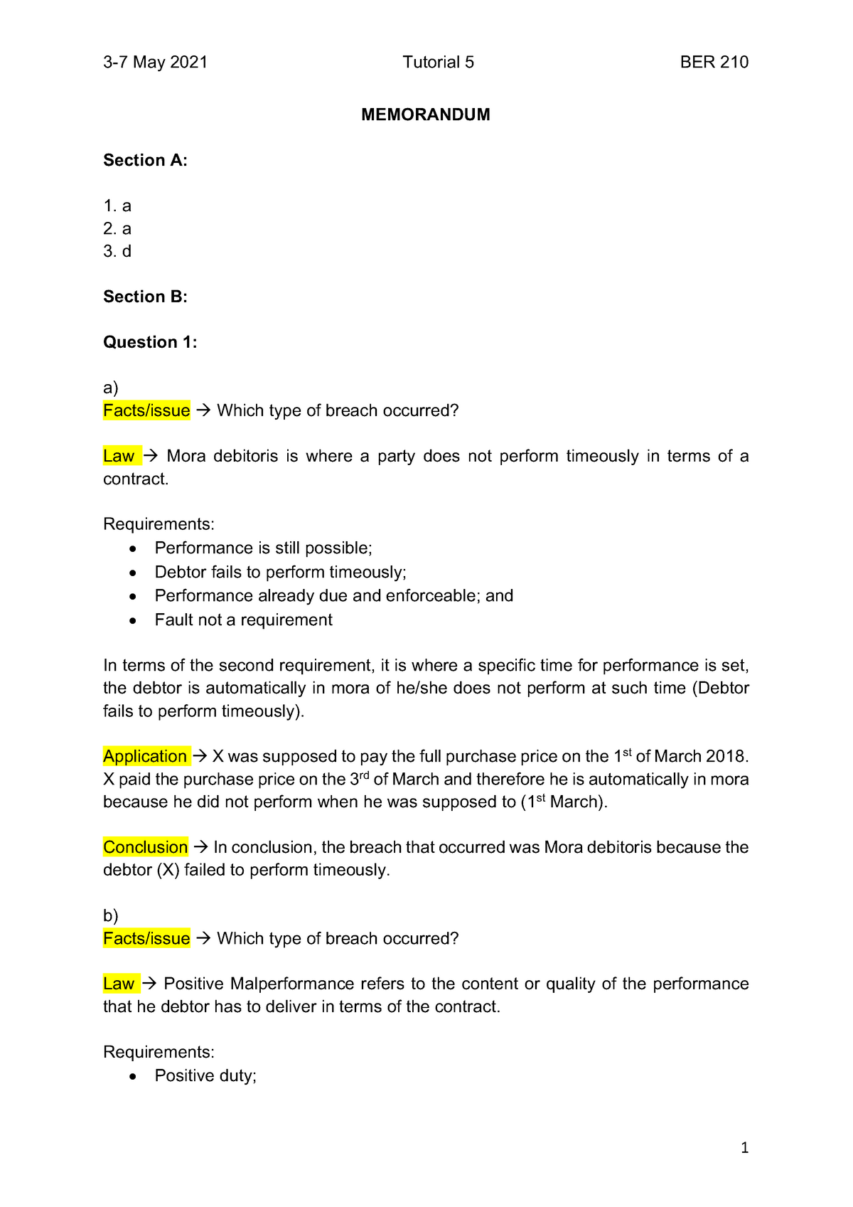 Tutorial 5 Memorandum FOR SUBMISSION BUSINESS LAW BER 210 - MEMORANDUM ...