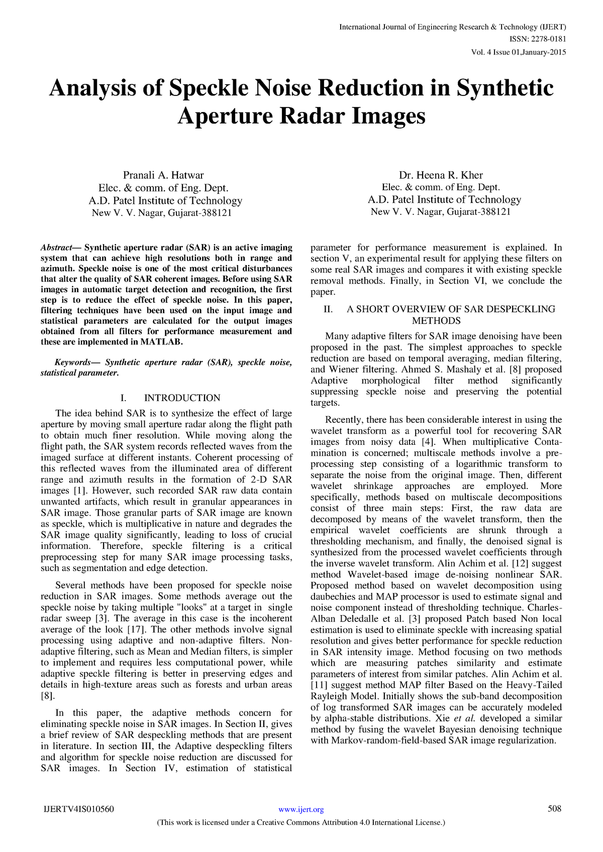 Analysis Of Speckle Noise Reduction In Synthetic Aperture Radar Images Ijertv 4is010560 