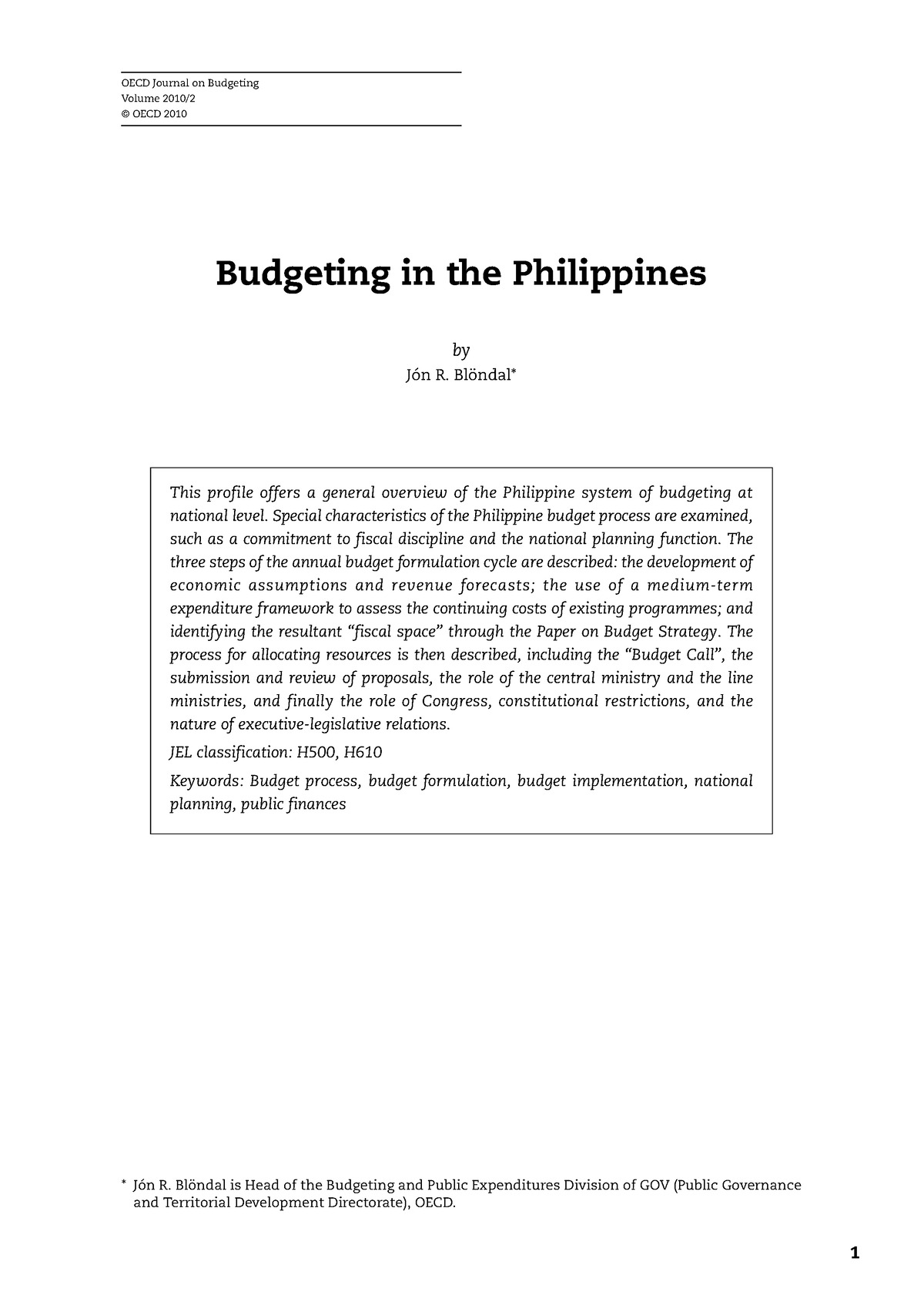 Budgeting in the Philippines - OECD Journal on Budgeting Volume 2010 ...