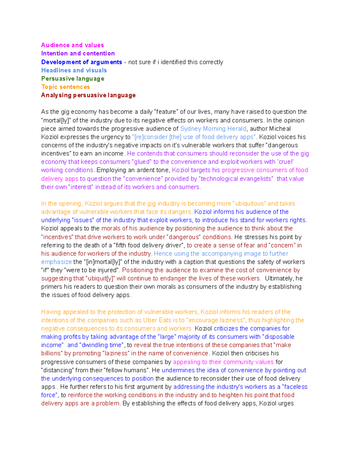 Practice Analysing and Argument Essay Unit 1 Audience and values Intention and contention