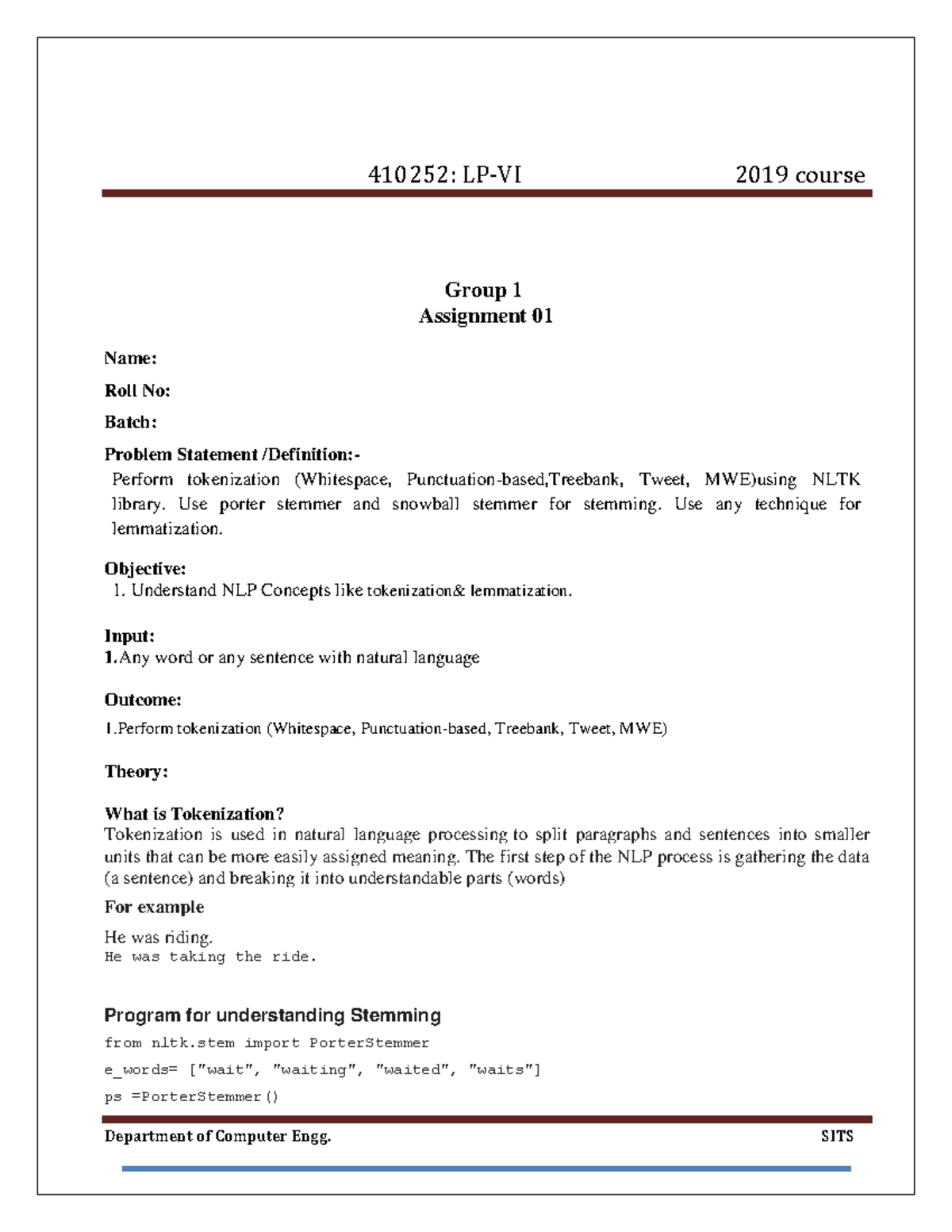 LP-VI (NLP) LAb M - Name: Roll No: Batch: Problem Statement /Definition ...