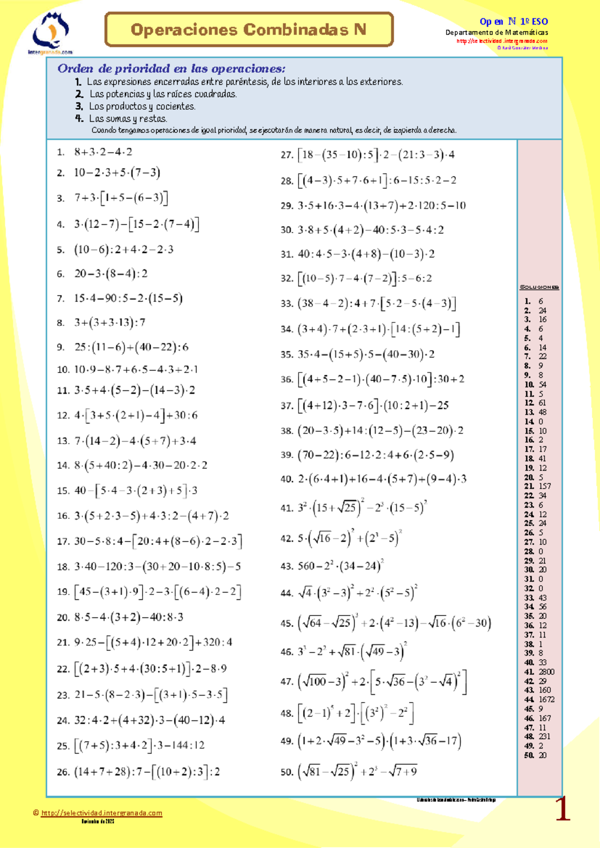 Operaciones Combinadas Matem tica Op En 1 ESO Departamento De 