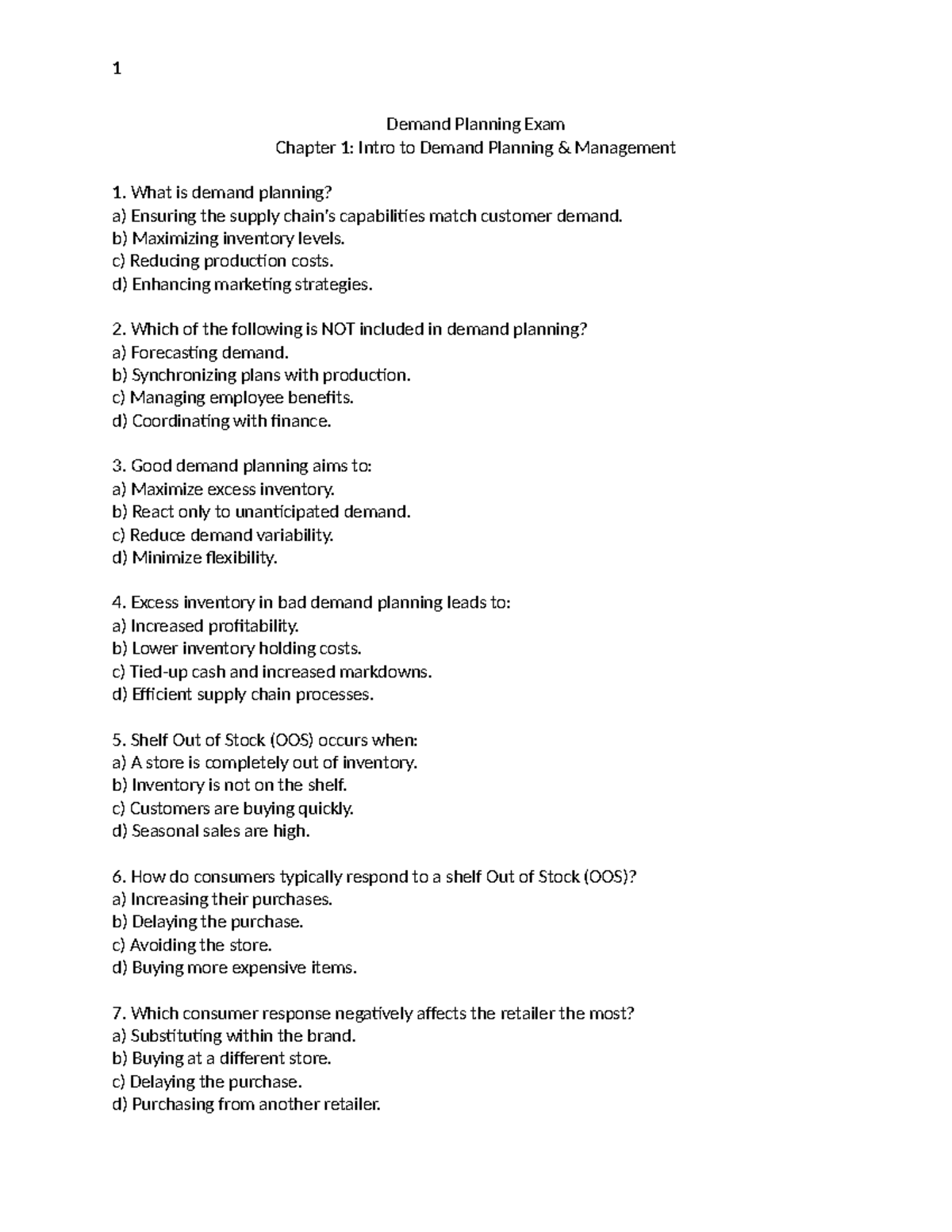 Chapter 1 multiple choice 1 Demand Planning Exam Chapter 1 Intro