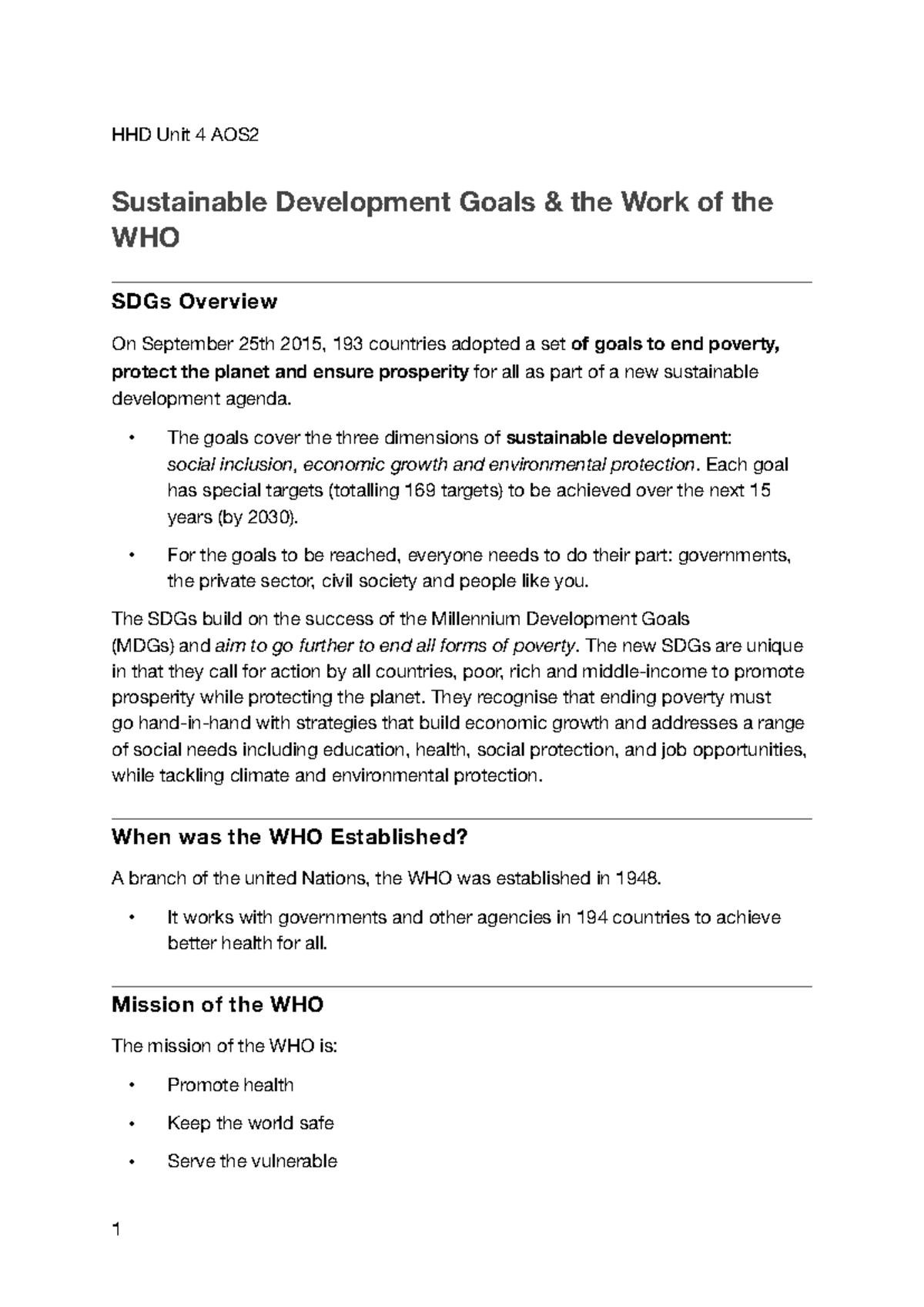 HHD AOS2 Study Notes - HHD Unit 4 AOS Sustainable Development Goals ...