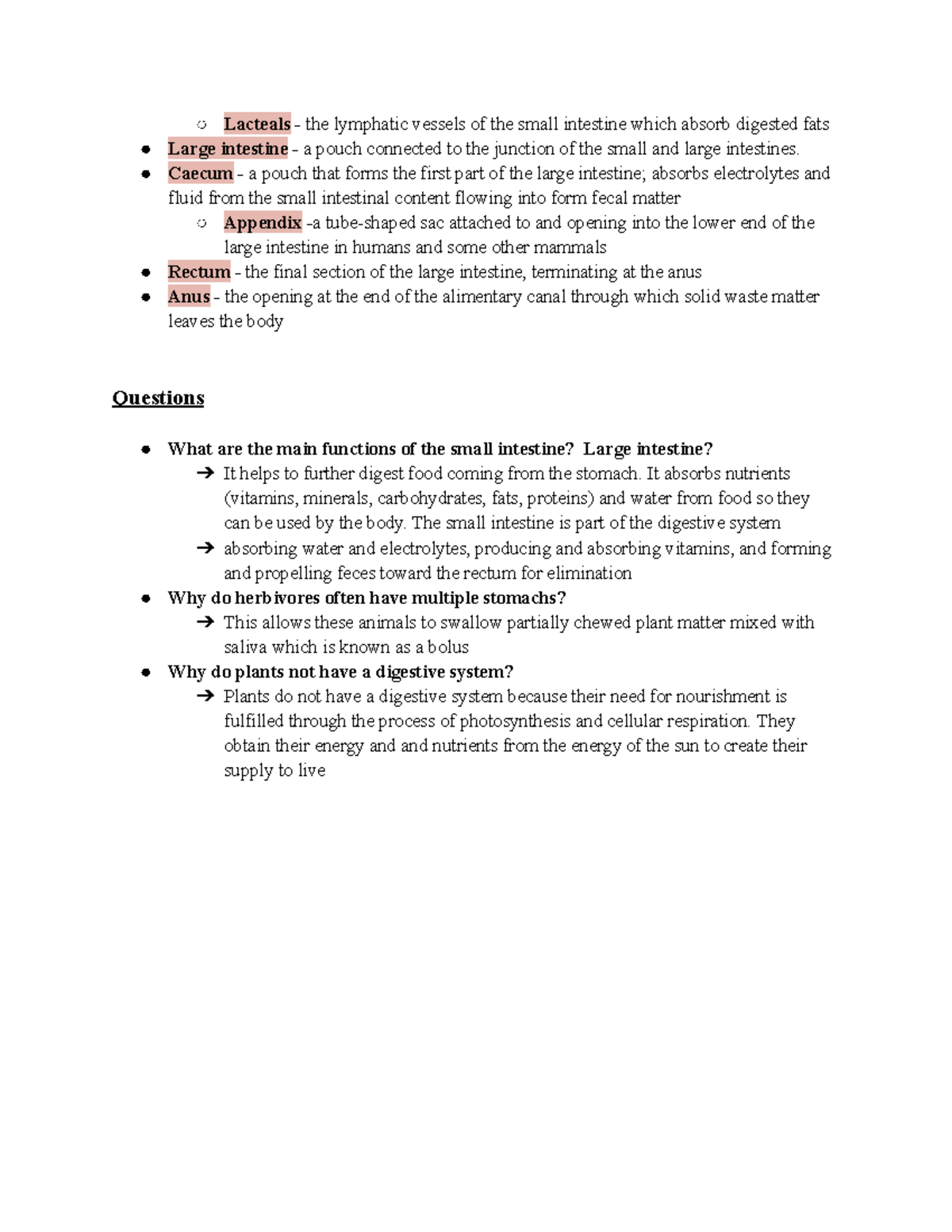 BIOL 112 Animal Nutrition Terms (4) Lacteals the lymphatic