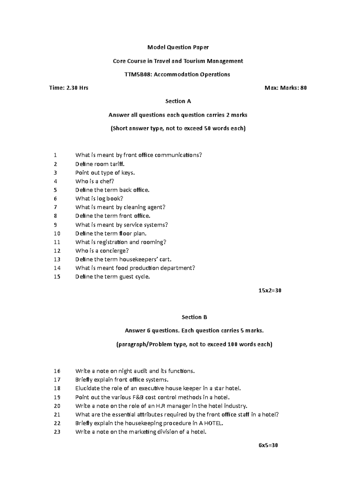 TTM5B08 - Quetion paper - Model Question Paper Core Course in Travel ...
