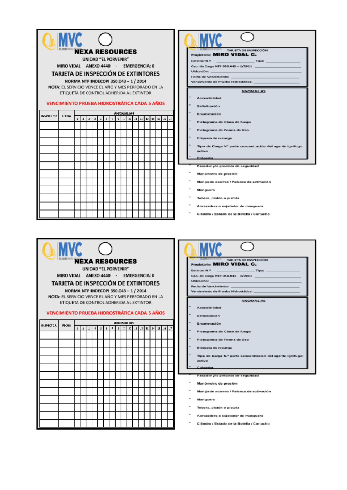 Tarjeta de inspección de extintores - MVC - MVC MVC SOLUCIONES MINERAS ...