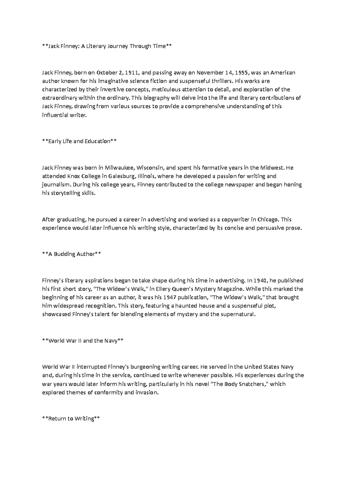 Jack Finney Biography english project Jack Finney A Literary