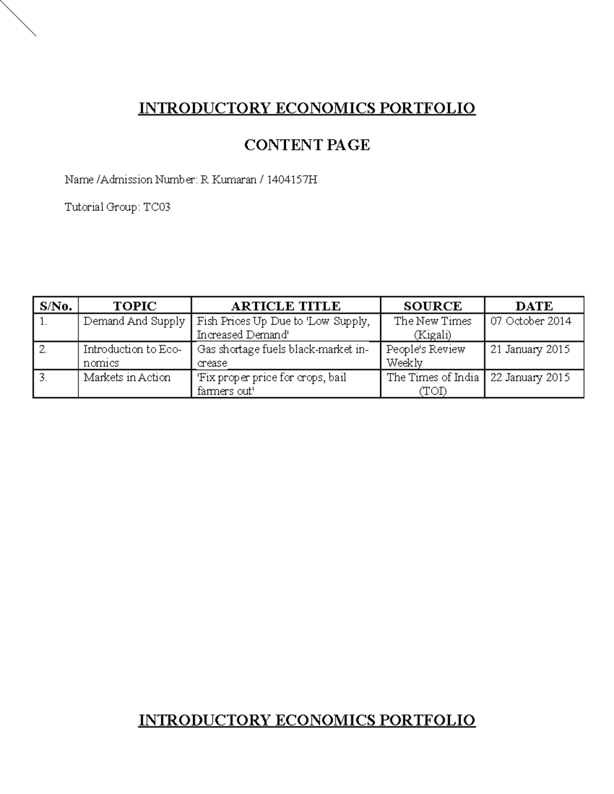 Economics Portfolio 3rd article INTRODUCTORY ECONOMICS PORTFOLIO