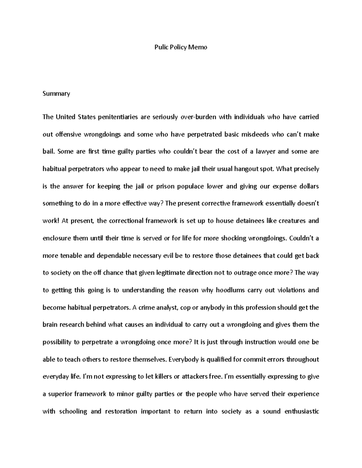 Pulic Policy Me - Pulic Policy Memo Summary The United States ...