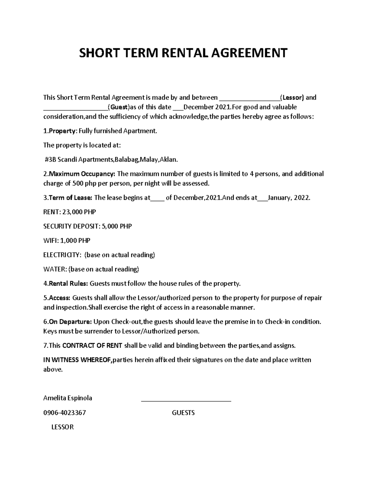 Short TERM Rental Agreement Scandi SHORT TERM RENTAL AGREEMENT This