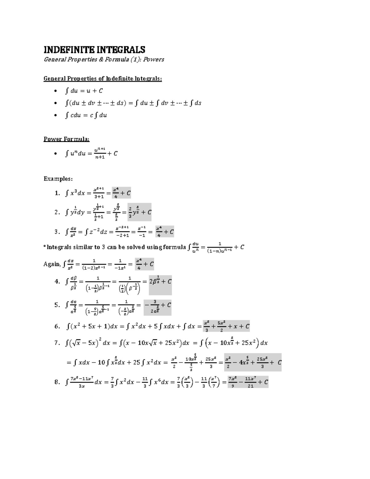 Indefinite Integrals: Power Formula - INDEFINITE INTEGRALS General ...