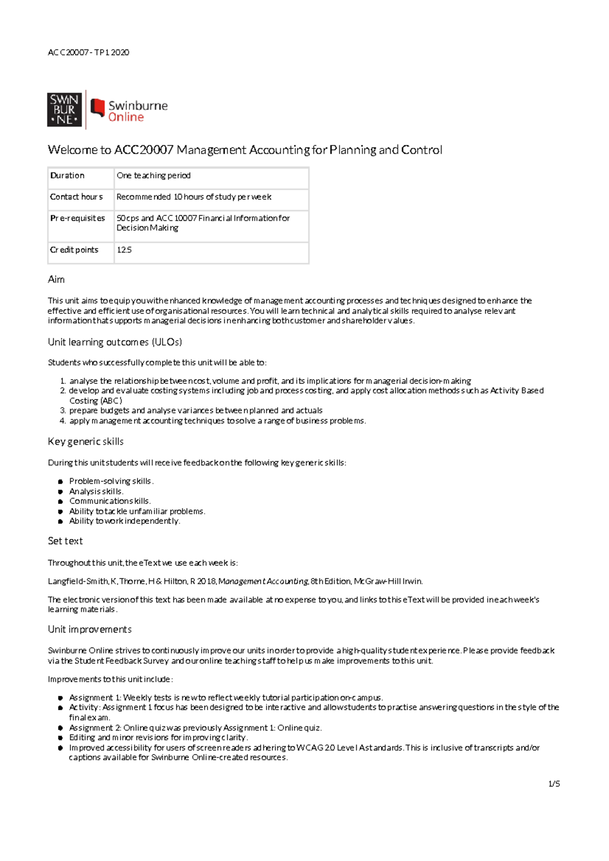 ACC2000 7 TP1 2020 sol - Welcome to ACC20007 Management Accounting for ...