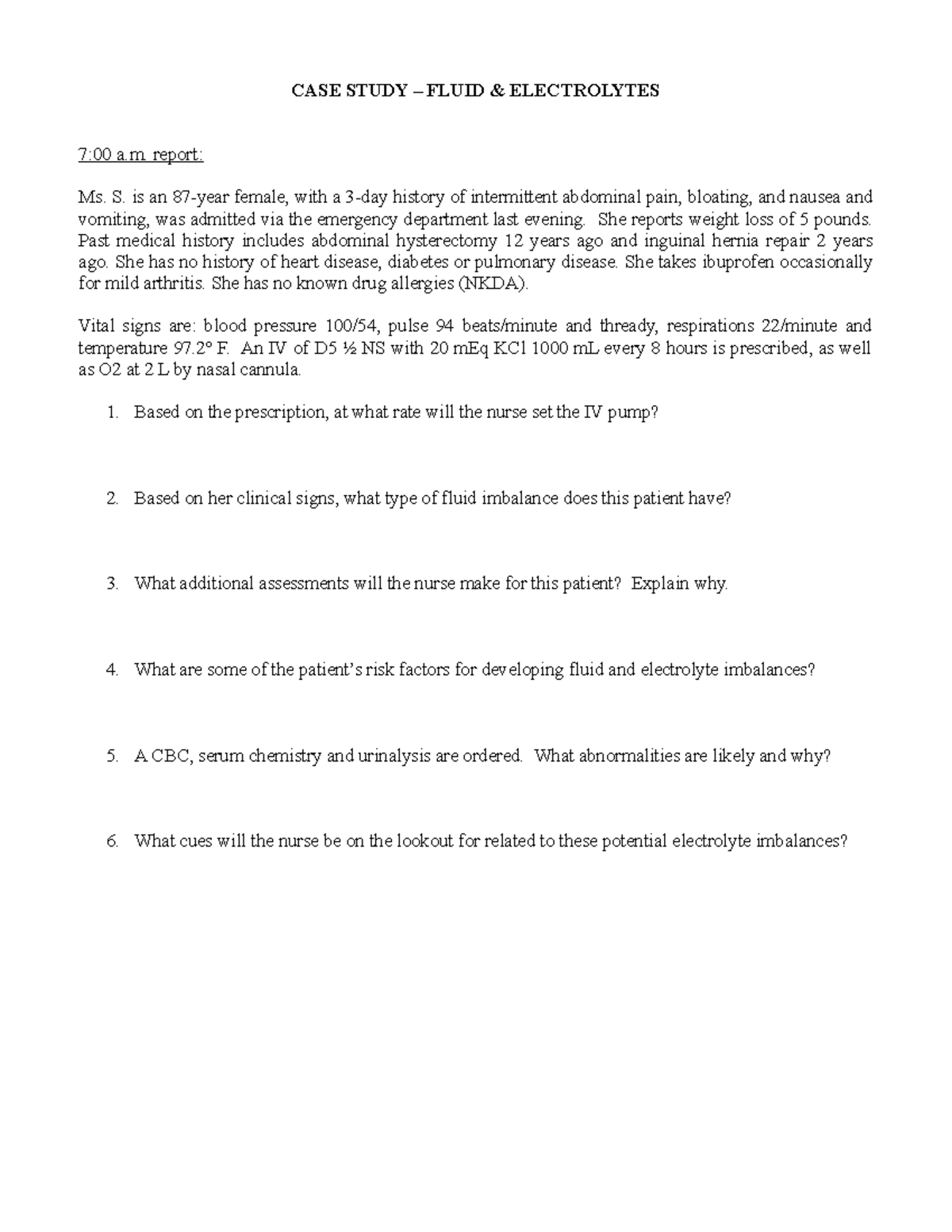 Fluid and electrolyte case study abbreviated B CASE STUDY FLUID