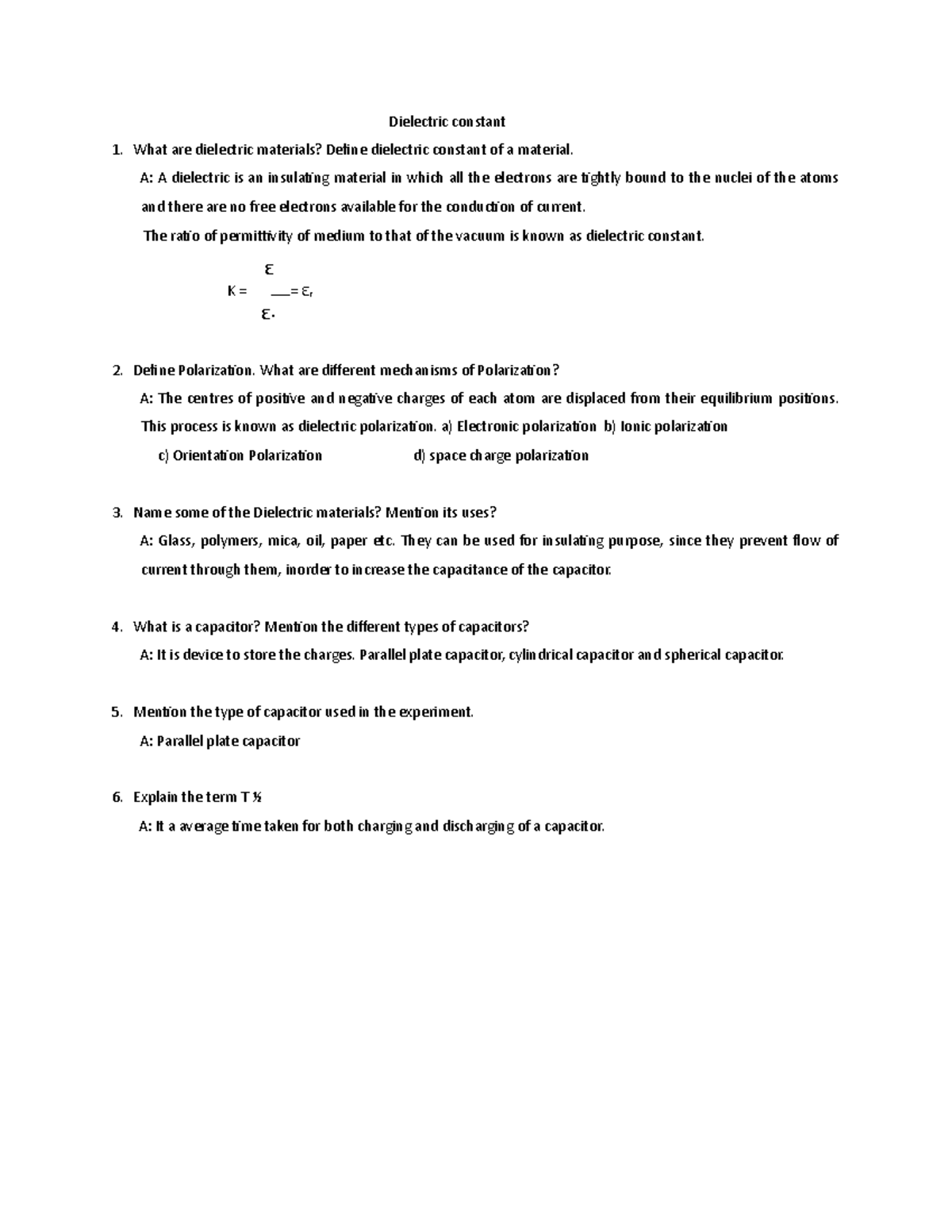 Physics Lab viva questions Dielectric Constant - Dielectric constant ...